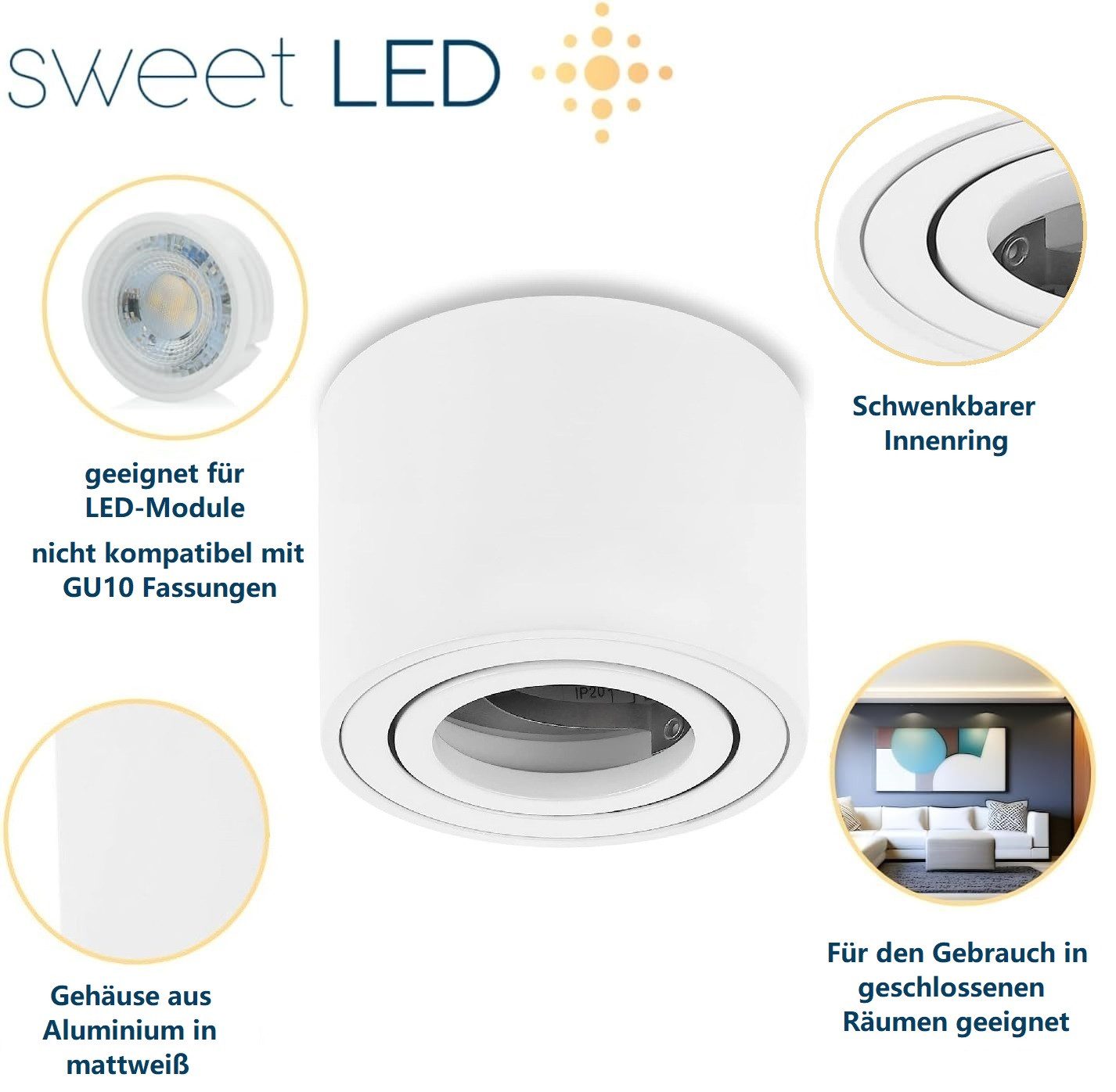 Sweet LED Aufbauleuchte 4er Set für Bad & Küche IP44 schwenkbar Aluminium 230V flach, ohne Leuchtmittel, Aufbaustrahler LED, Aufbauspot, Deckenstrahler