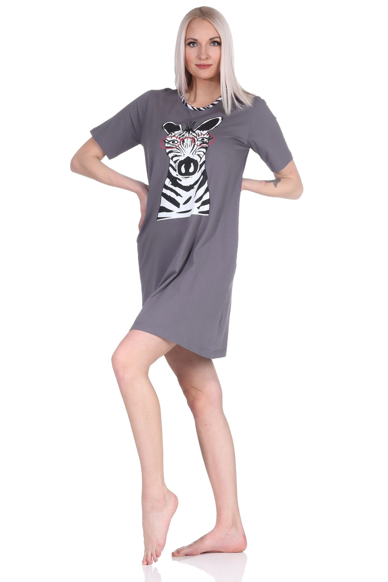 Normann Nachthemd Süsses Damen kurzarm Nachthemd in auch grau Übergrössen mit Tiermotiv 