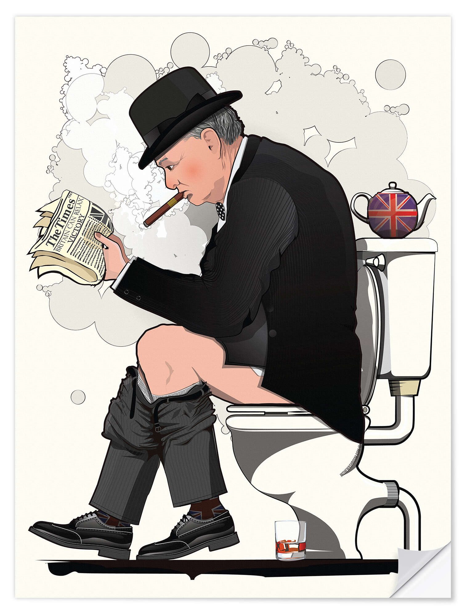 Posterlounge Wandfolie Wyatt9, Premierminister Churchill auf der Toilette, Badezimmer Illustration