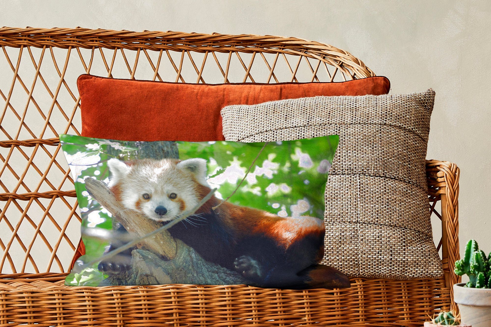 Zierkissen, Füllung, Dekokissen - Schlafzimmer Panda Grün, Roter MuchoWow Baum Dekokissen Wohzimmer - Dekoration, mit