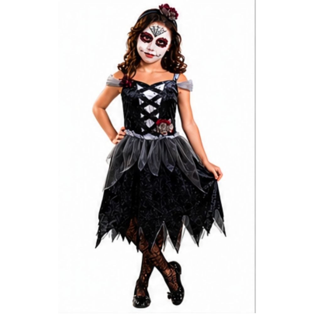 Hexen-Kostüm La Catrina Mädchenkostüm 140 – Halloween Kleid mit Haarreif
