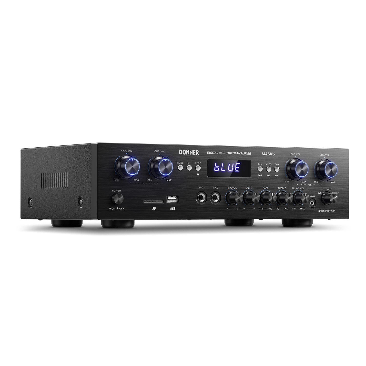 Donner Audioverstärker 2/4/6 Kanal Audio-Leistungsverstärker Stereoempfänger Verstärker (Anzahl Kanäle: 4, 440,00 W, 4 Kanäle, 2 Mikrofoneingänge, Bass, Höhen)