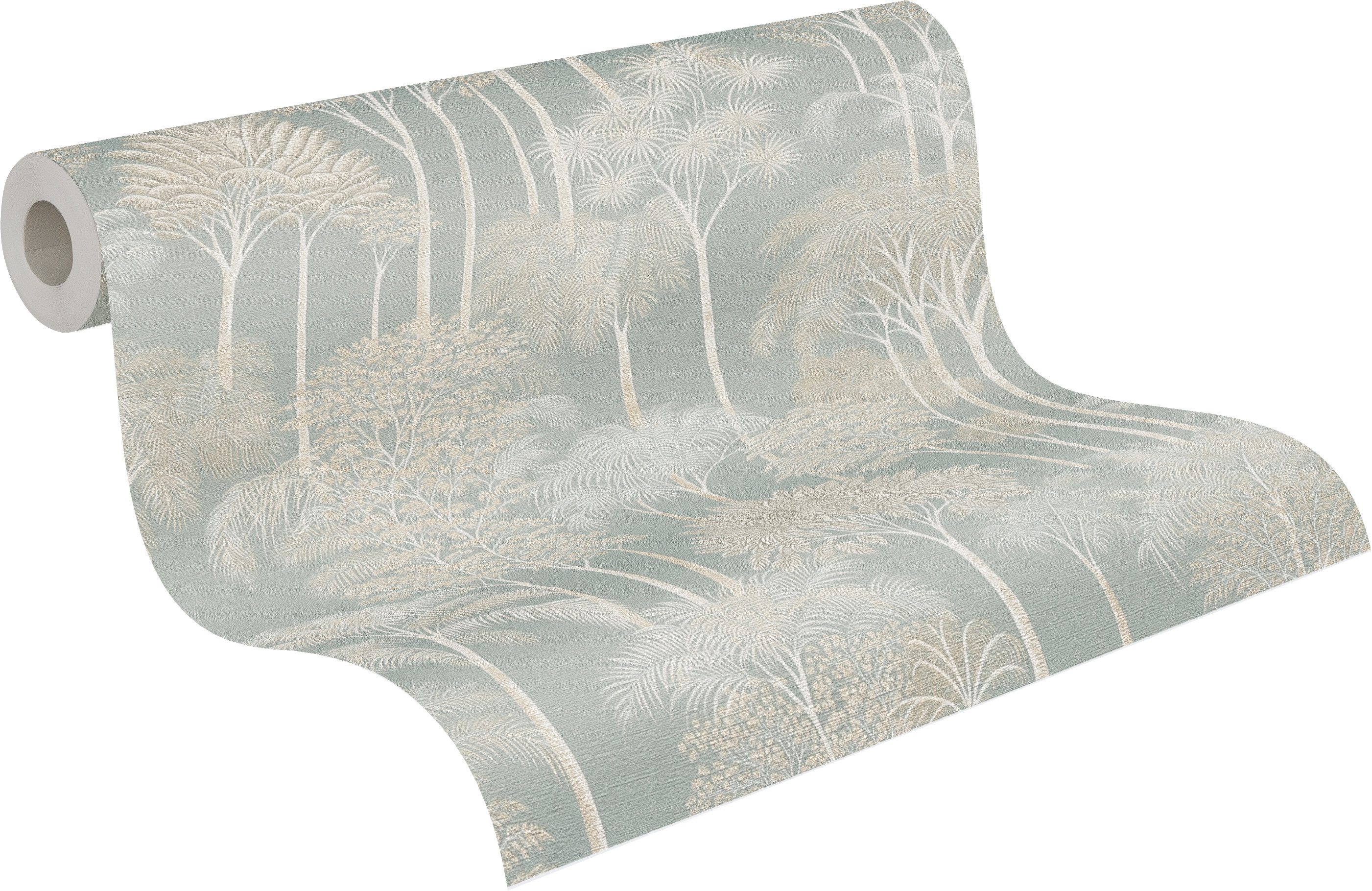 A.S. Création Vliestapete Cuba II Golden Forest, leicht strukturiert, floral, tropisch, Retro, Dezentes Waldmotiv mit stilisierten Bäumen und sanfter Tiefe