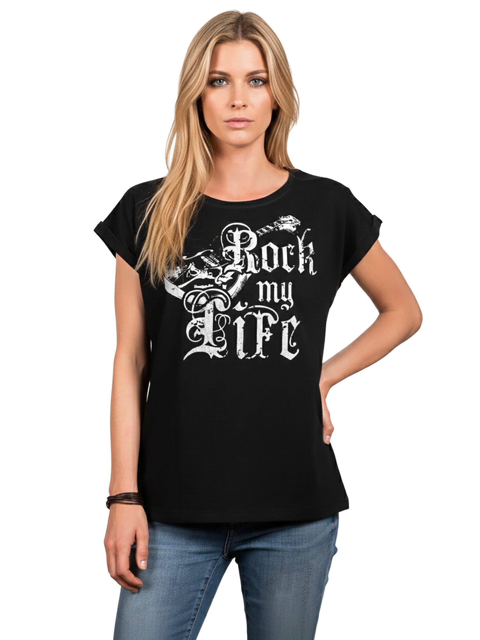 MAKAYA Print-Shirt Ausgefallene T-Shirts Damen lässige Oberteile Top Gitarrenmotiv Tunika (Rock Band Motiv, schwarz, grau, rosa, blau) große Größen