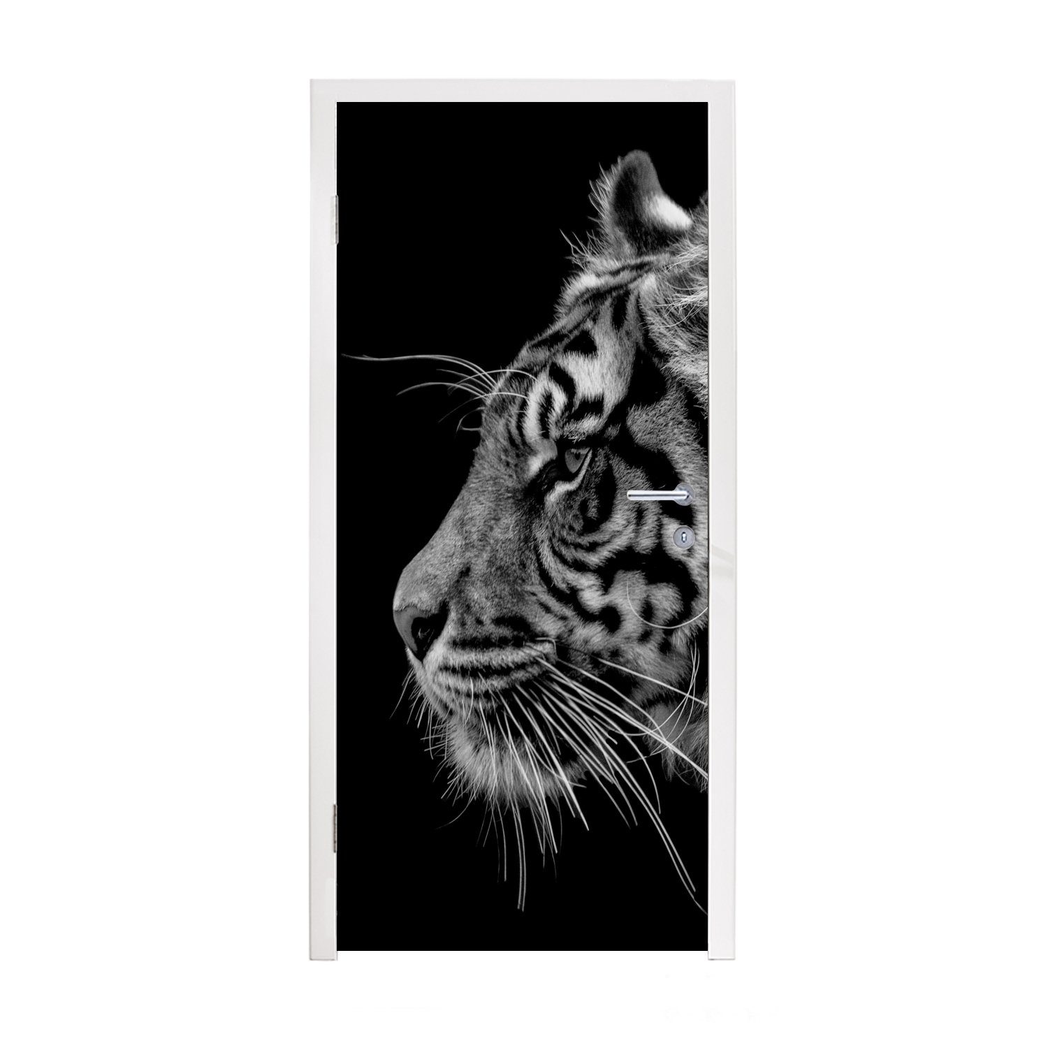 MuchoWow Türtapete Tiger auf schwarzem Hintergrund in schwarz und weiß, Matt, bedruckt, (1 St), Fototapete für Tür, Türaufkleber, 75x205 cm