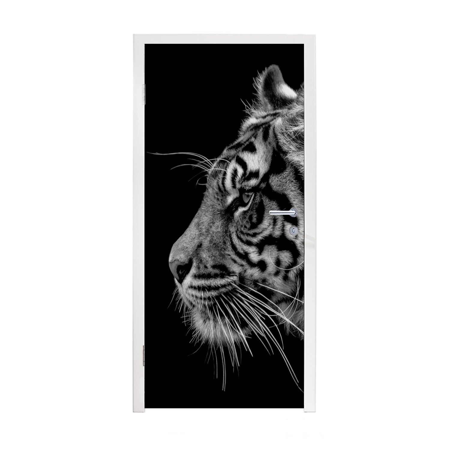 MuchoWow Türtapete Tiger auf schwarzem Hintergrund in schwarz und weiß, Matt, bedruckt, (1 St), Selbstklebende Tapete, Folie für Möbel, 75x205 cm