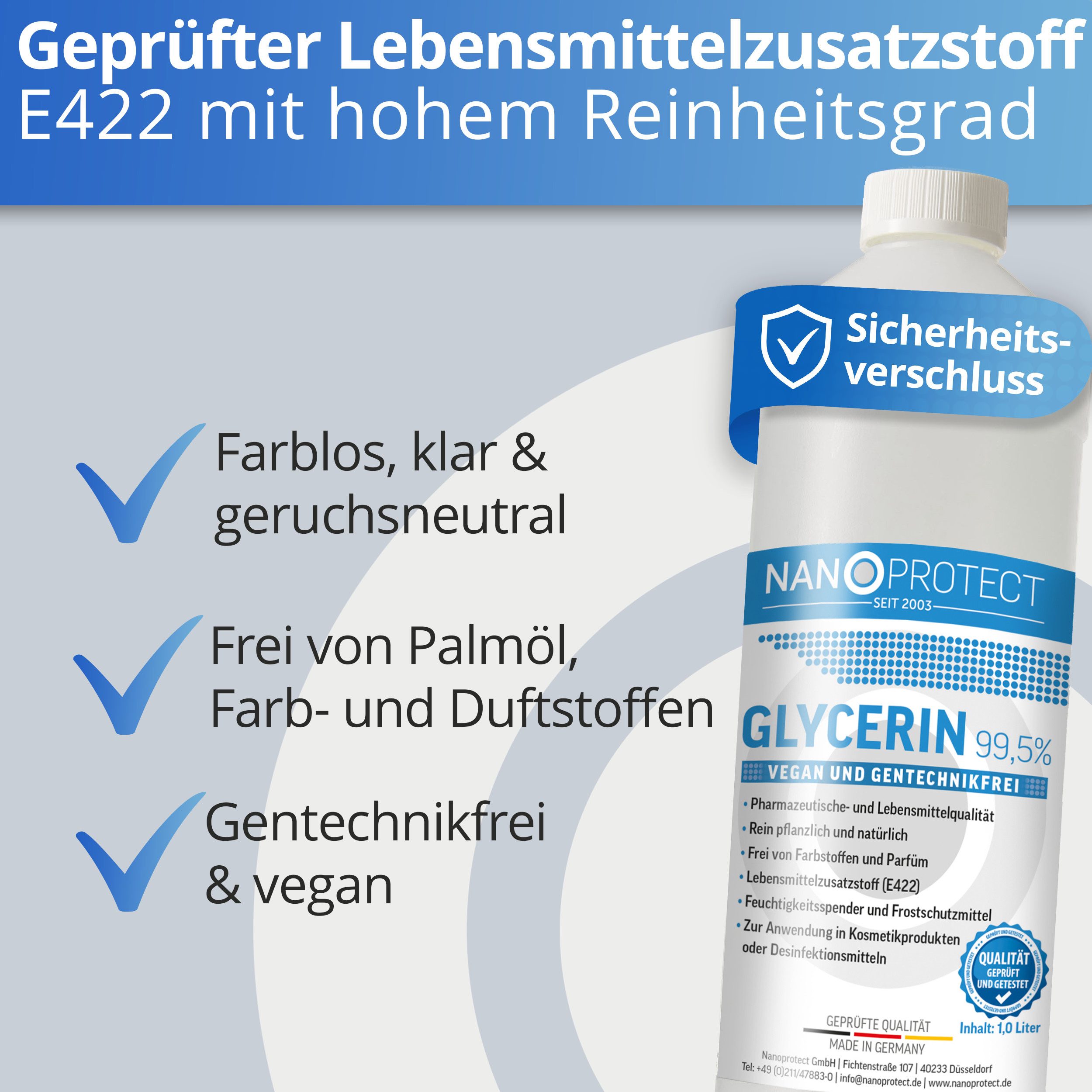 Nanoprotect Handseife Glycerin 99,5%, 1 Liter (1,25 kg), Rein pflanzliches Glycerol, Pharma- und Lebensmittelqualität E422