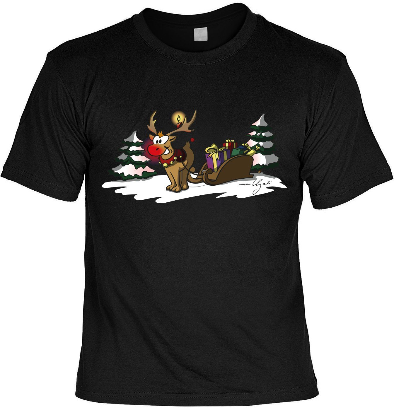 Print-Shirt T-Shirt Weihnachten Comic : Rentier mit Schlitten Rudolph