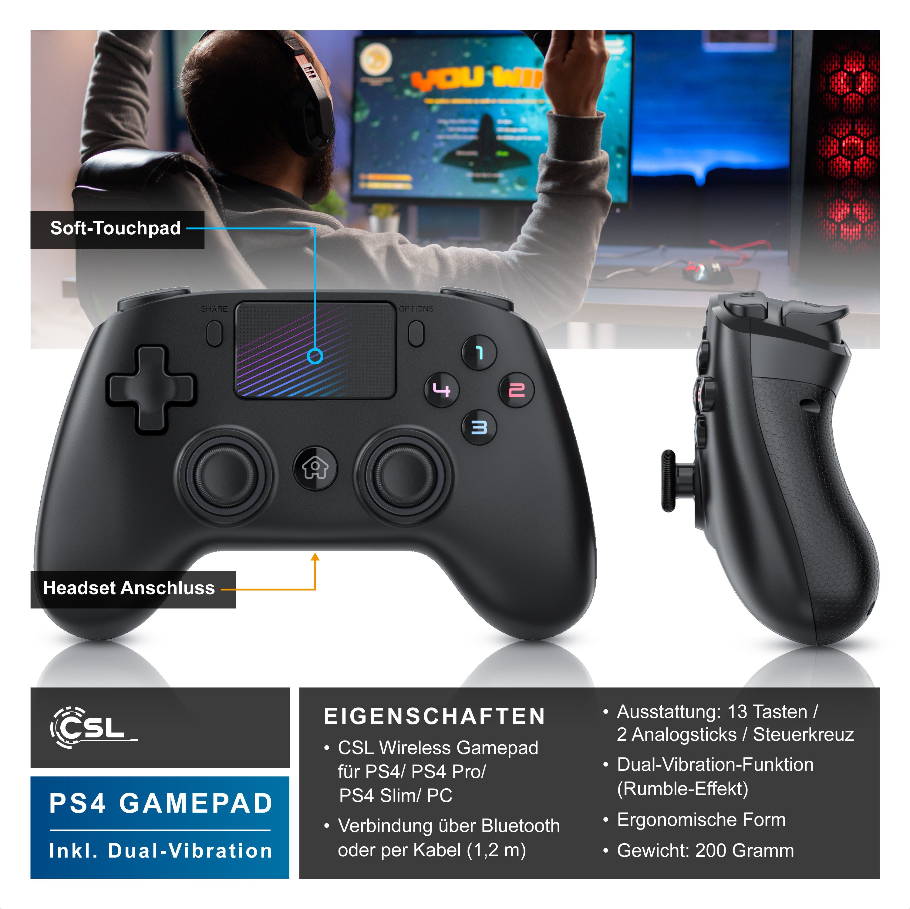 CSL Wireless Gamepad für PS4 & PC, Dual Vibration, Touchpad, 3,5 mm Klinke PlayStation 4-Controller (1 St., für Playstation 4 Pro / Slim, Makro, LED, Bluetooth, Headset Anschluss)