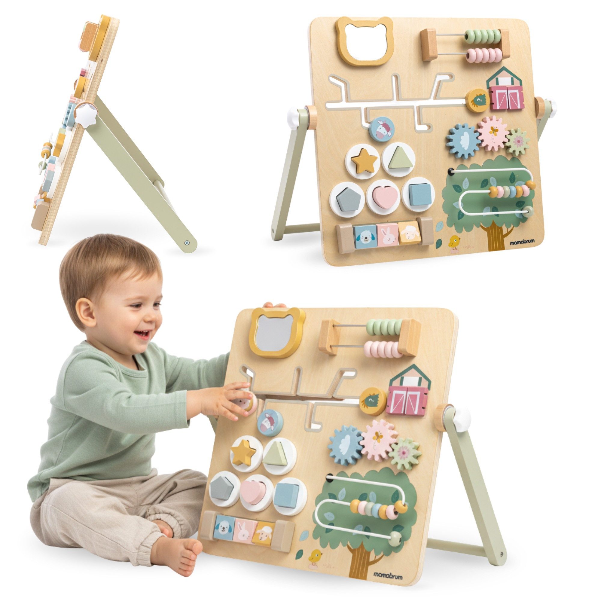 Mamabrum Motorikbrett Mamabrum Montessori Busy Board 8in1 mit Ständer Holz Lernspiel