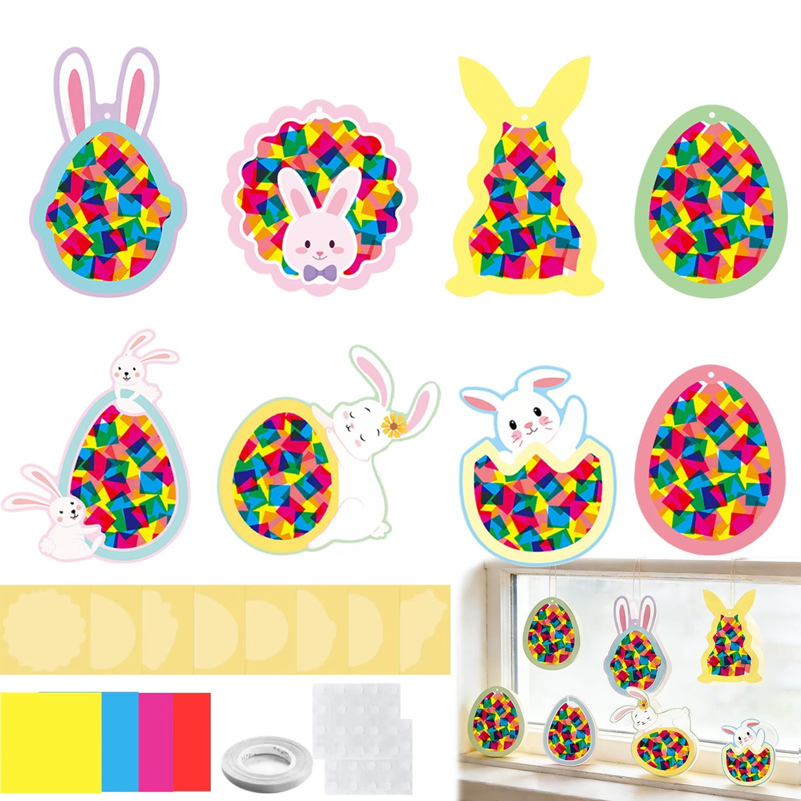 FOUORTUNATE-BEE Dekofigur Oster Bastelset Kinder 16-teilig, Fensterdeko im Buntglas-Look, Frühlings Bastelset für Oster Fensterdeko und Kreativarbeiten