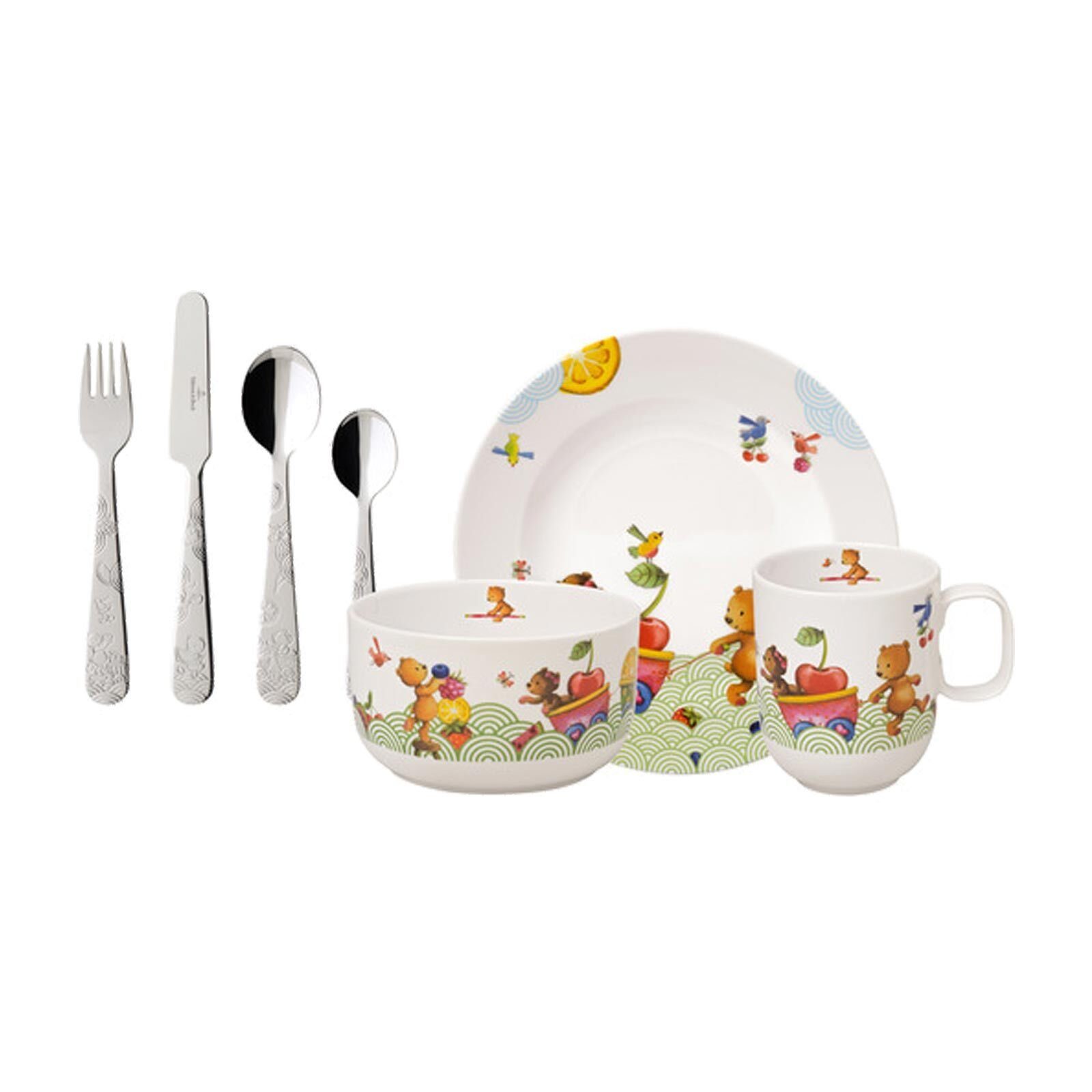 Villeroy & Boch Kindergeschirr-Set Hungry as a Bear Kindergeschirr (7-tlg), Besteck aus Edelstahl, Porzellan
