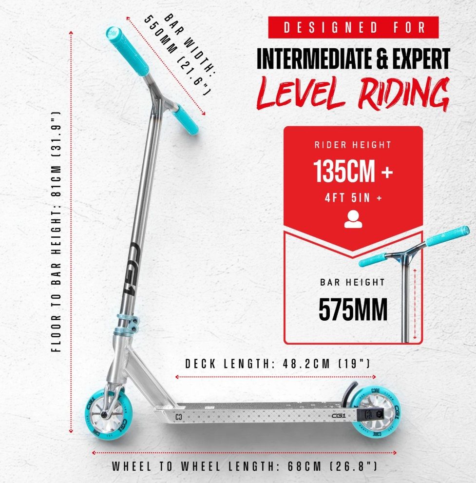 Core Action Sports Stuntscooter CORE CG1 Stunt-Scooter Park H=81cm Silber Gebürstet / Türkis – Bild 2 von 5