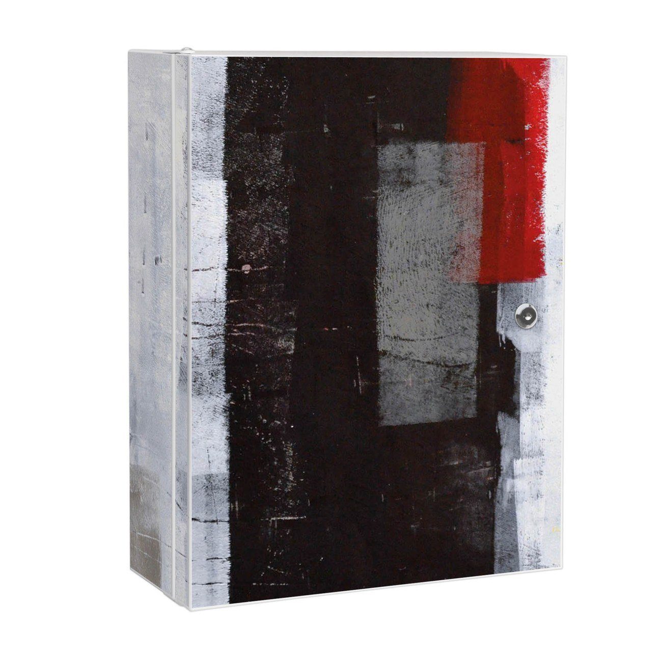 banjado Medizinschrank Stahl Abstrakt Rot (abschließbar, 3 große und 2 kleine Fächer) 35 x 46 x 15cm weiß