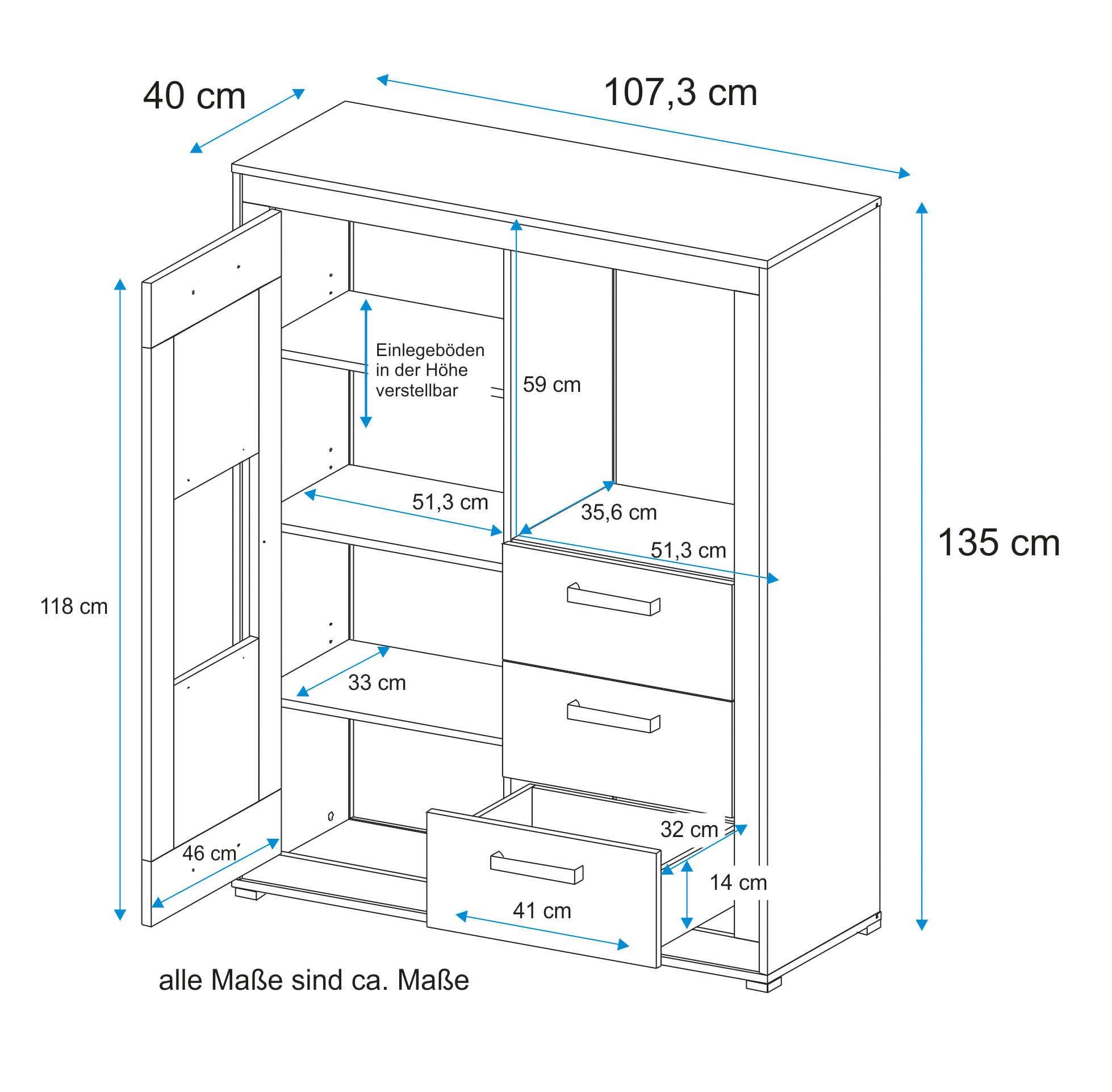 VOGL Möbelfabrik Highboard, Breite 107 cm, Teilmassivholz, Made in Germany