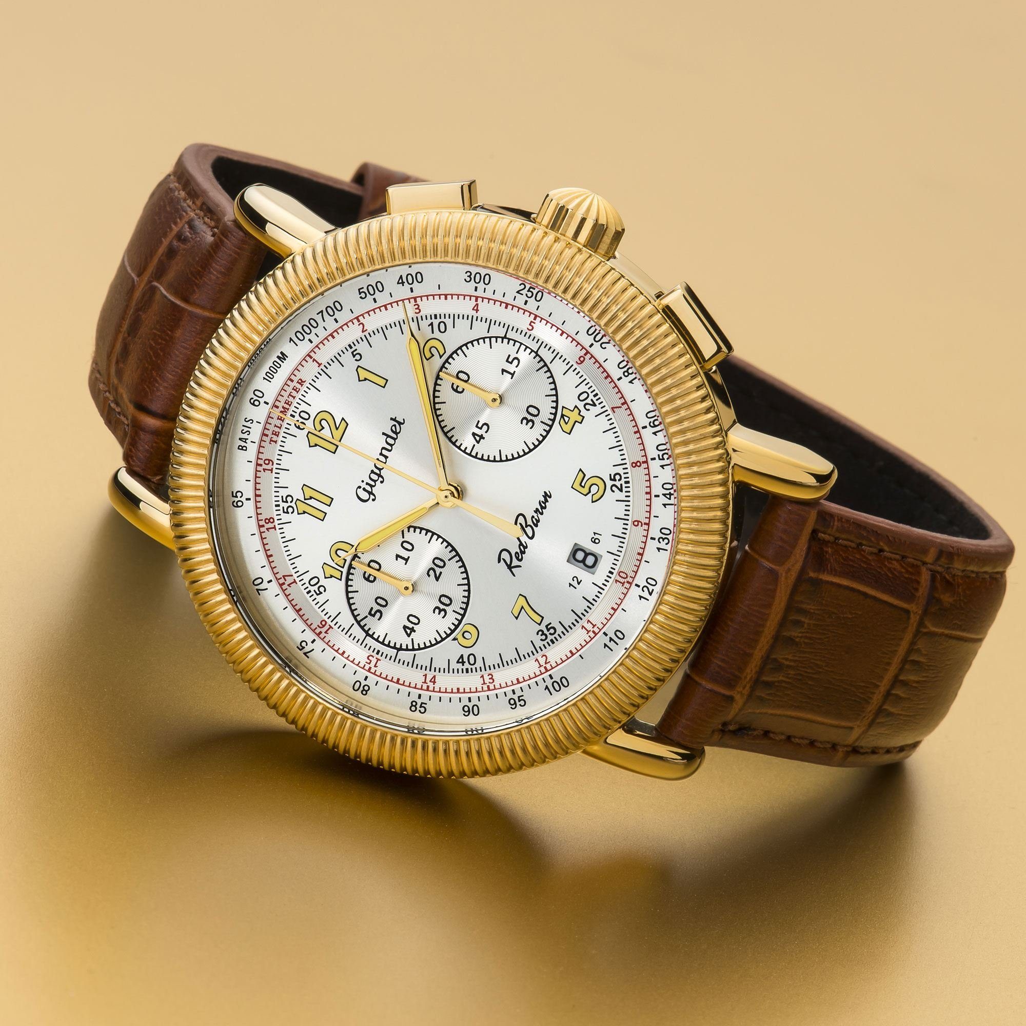 Gigandet Chronograph Armbanduhr, Herrenuhr, Fliegeruhr, 46mm, RED BARON IV G19-007, Mineralglas, Datumsanzeige, Lederband, 10bar/100m wasserdicht