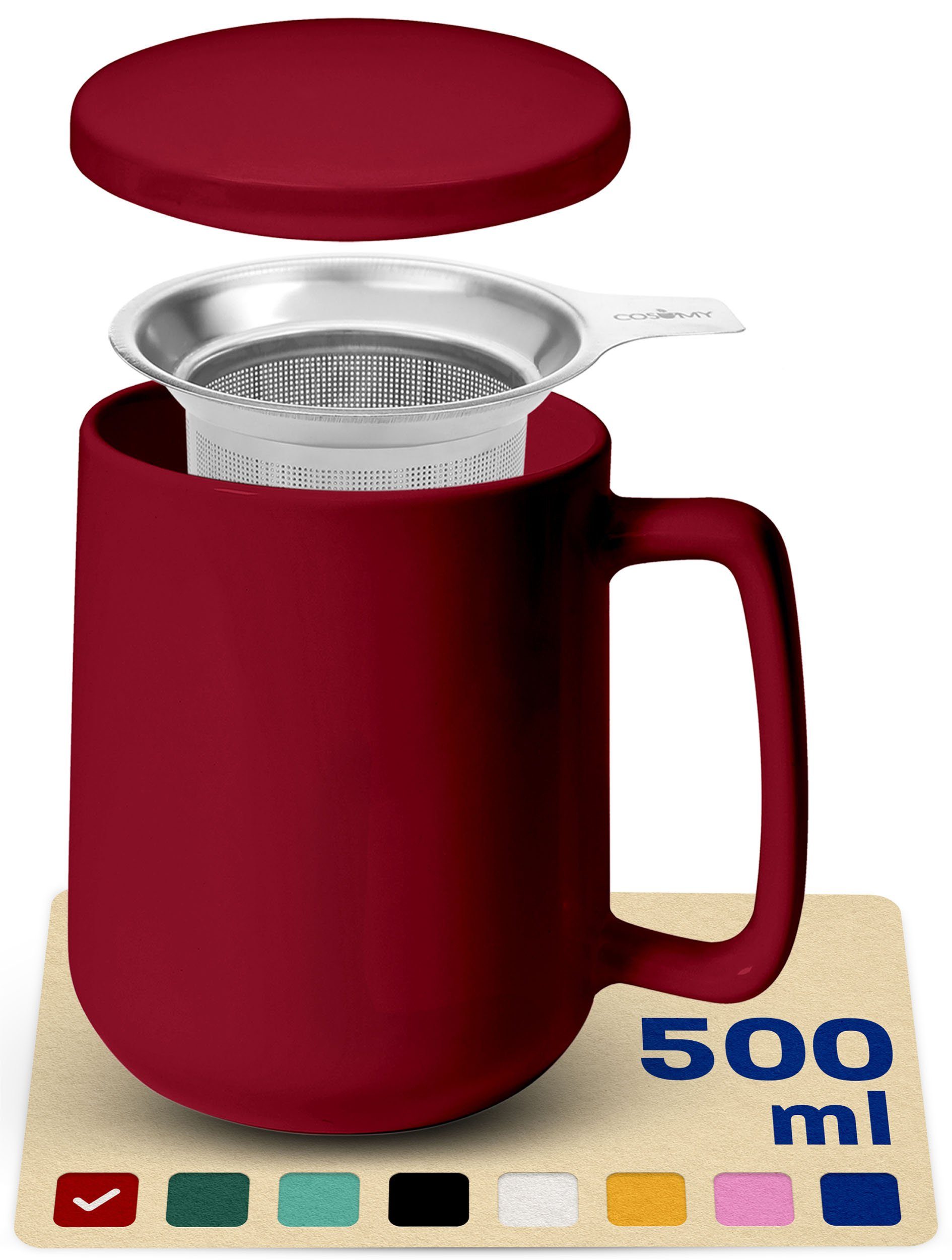 Cosumy Teeglas Teetasse mit Sieb und Deckel 500ml - Jumbotasse, Porzellan,  Hält Lange warm - 500 ml XXL Groß - Spülmaschinenfest