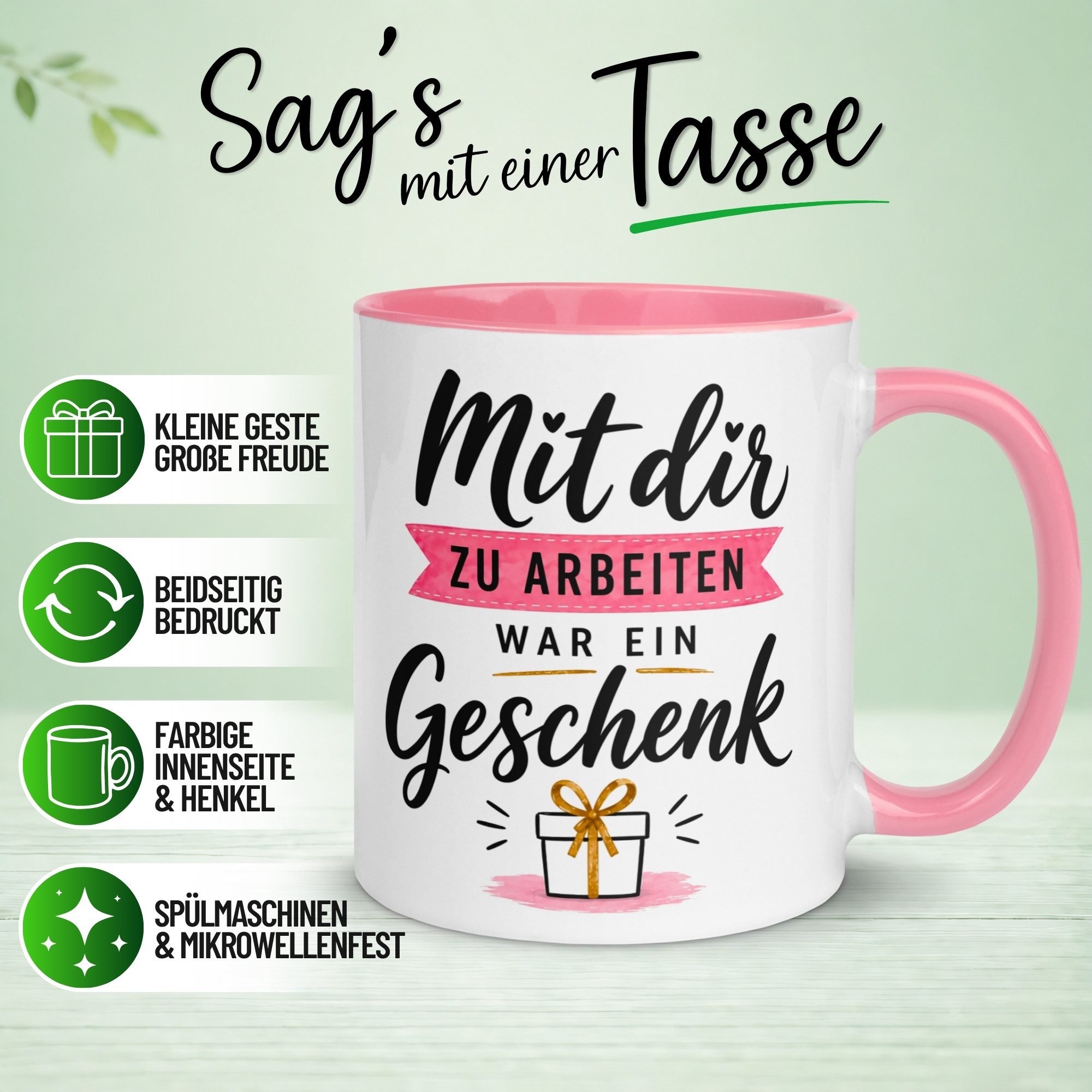 Momentals Tasse Abschiedsgeschenk Kollegin – „Mit dir zu arbeiten war ein Geschenk“, Gratis Versand · Links-&Rechtshänder · Spülmaschinenfest – Bild 2 von 5