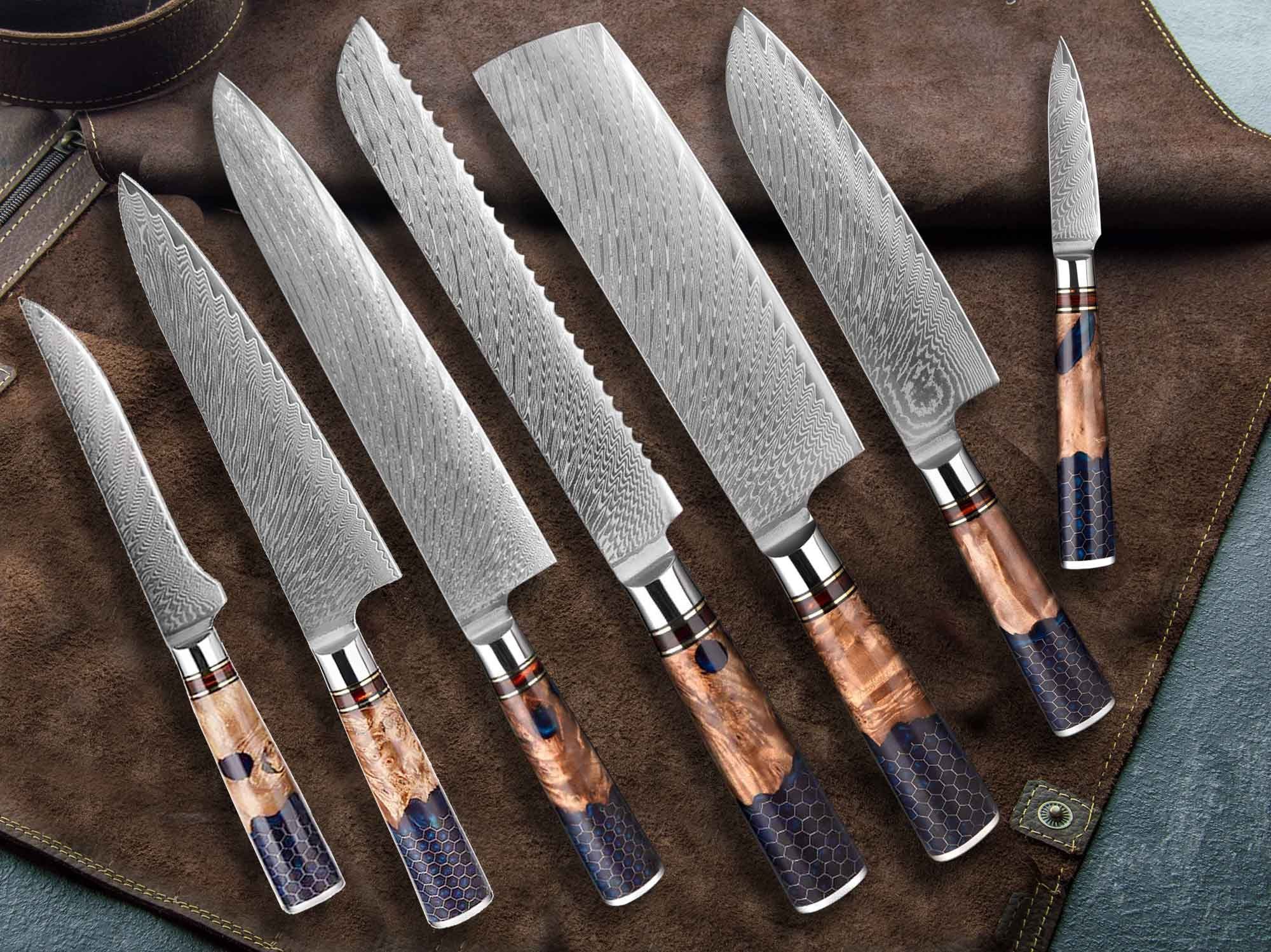 Muxel Allzweckmesser Damast Küchenmesser Set 7-tlg Extrem scharfe extrem  schöne Kochmesser, Jedes Messer ist ein Unikat