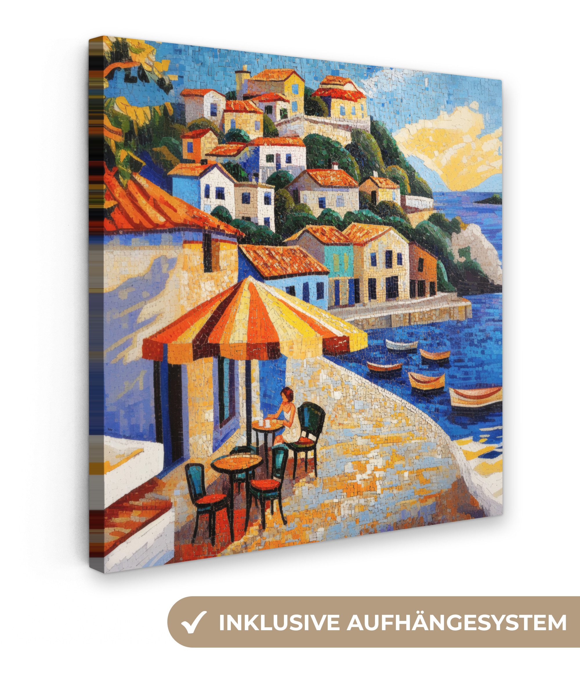 OneMillionCanvasses® Leinwandbild Küstendorf - Ferienhäuser - Mosaik - Meer, Fotodruck (1 St), Wandbild, Deko Schlafzimmer Wohnzimmer Flur 20x20 cm