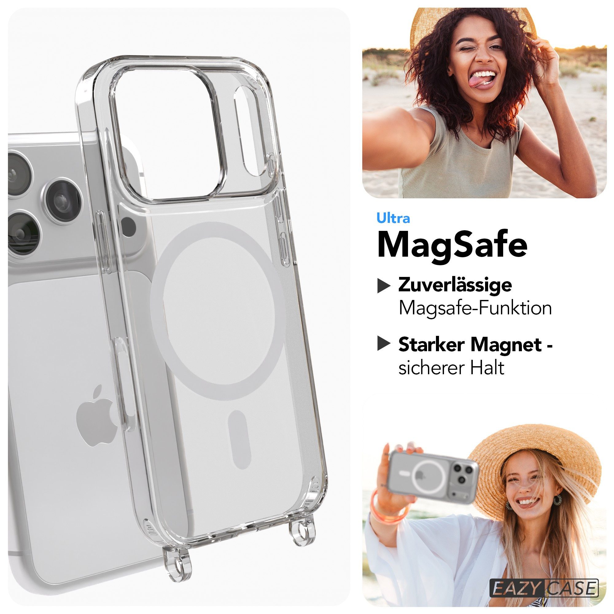 EAZY CASE Handykette 2in1 Metallkette MagSafe Hülle für iPhone 17 Pro 6,3 Zoll, Hülle mit Band Silikon Handytasche durchsichtig Chain Slimcover Silber