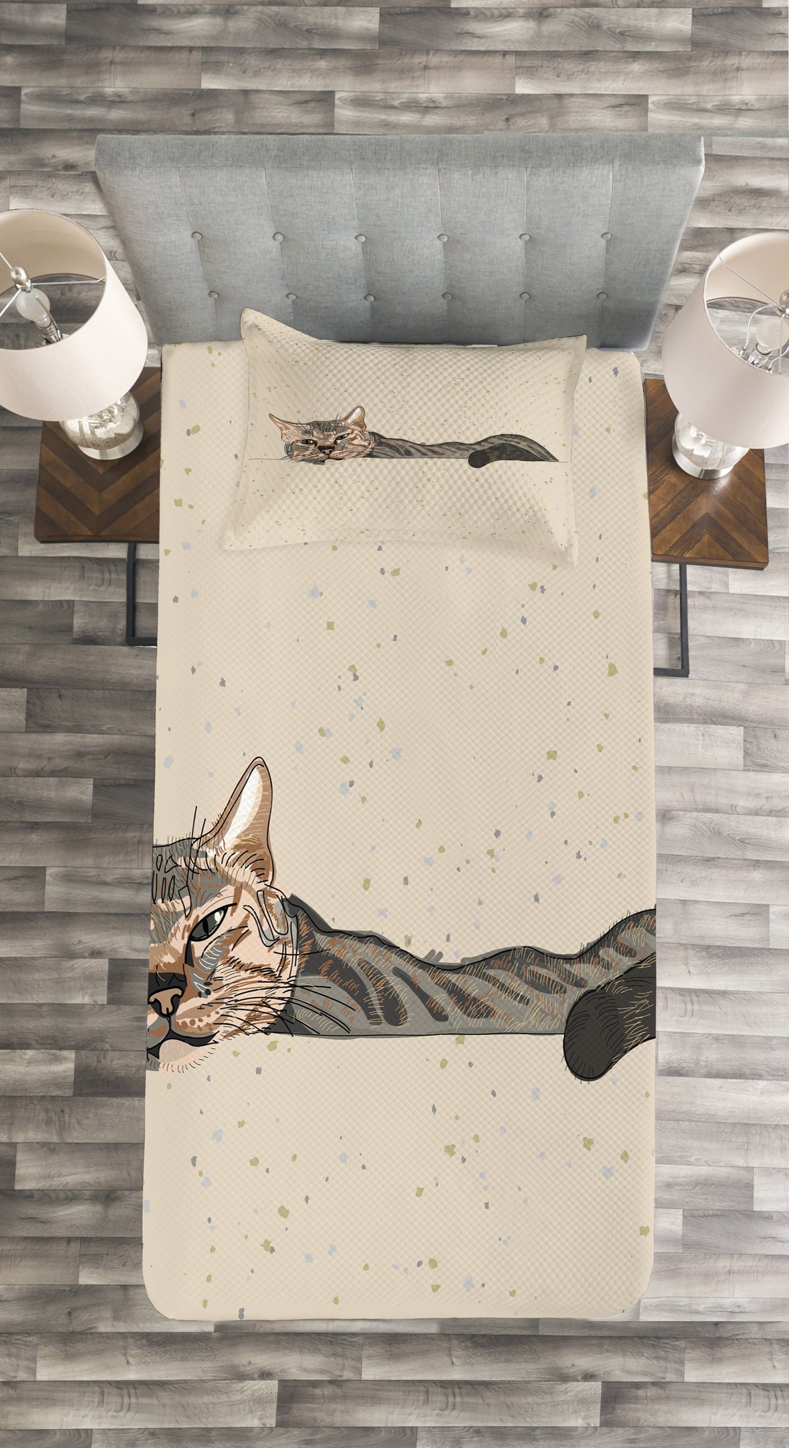 Tagesdecke Set mit Kissenbezügen Waschbar, Lazt Katze Sleepy Cat Abakuhaus