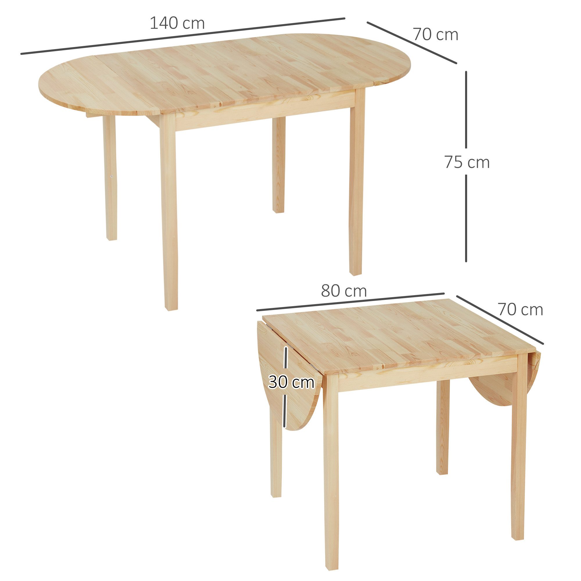 HOMCOM Klapptisch für 6 Personen, mit Drop-Leaf-Design (Klappbar Küchentisch, 1-St., Esstisch aus Holz), für Kleine Räume, Esszimmer, Küche 140 x 70 x 75 cm Naturholz