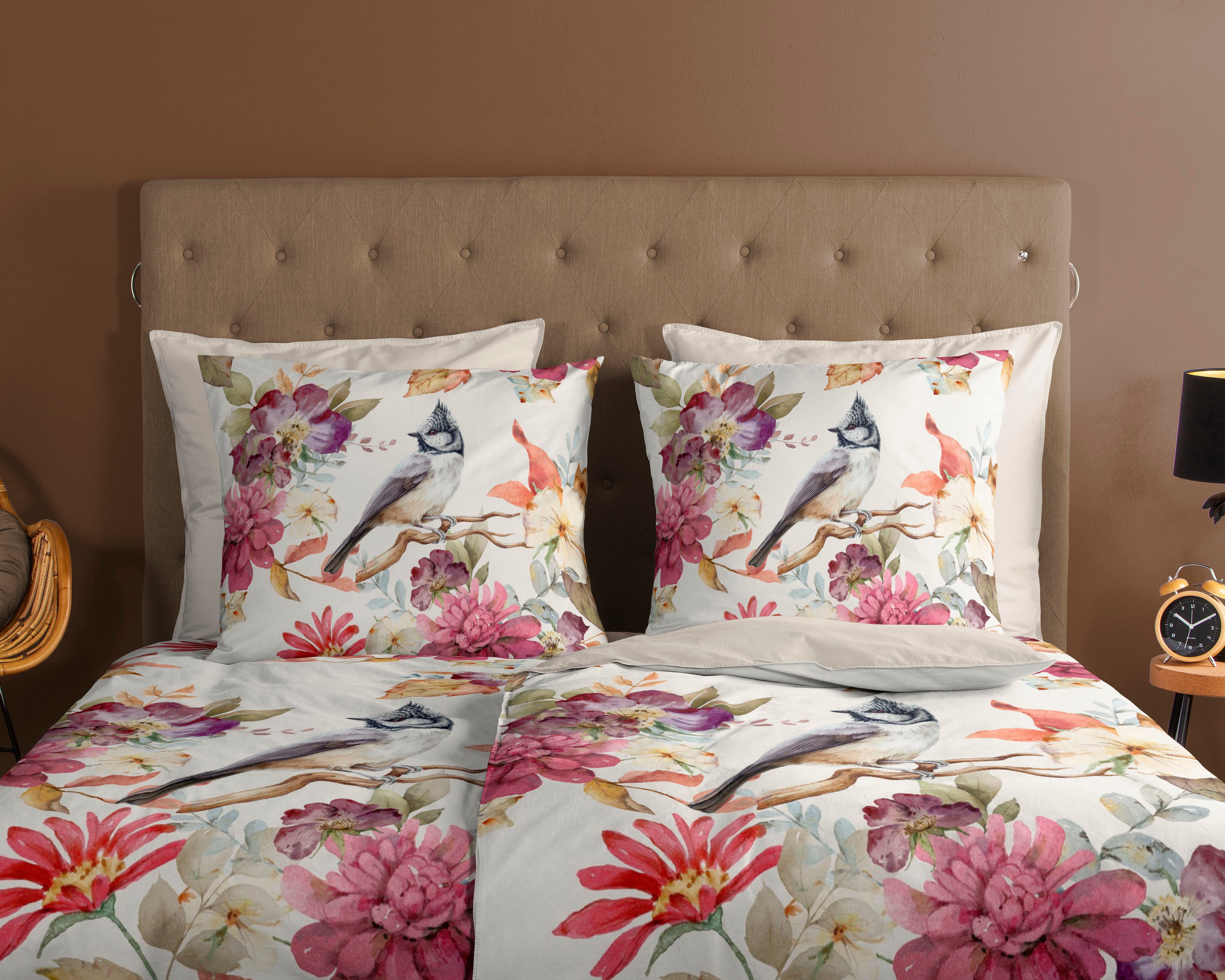 good morning Wendebettwäsche Inga, Renforcé, 2 teilig, 100% Baumwolle, 135x200, Reißverschluss, Wendeoptik, Vogel Blume, Sand