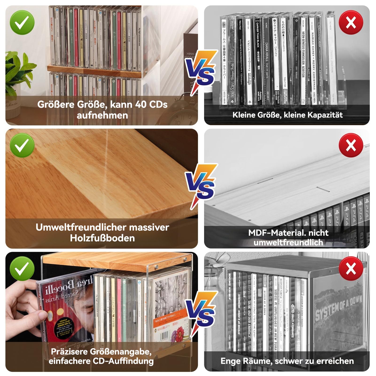 BlingBin CD-Regal 2-stufiger CD-Halter aus Holz und Acryl, Schallplatten Aufbewahrung, Schallplatten Aufbewahrung 1-tlg., Schreibtisch-Organizer für CDs, DVDs und Schallplatten, bis zu 40 CDs