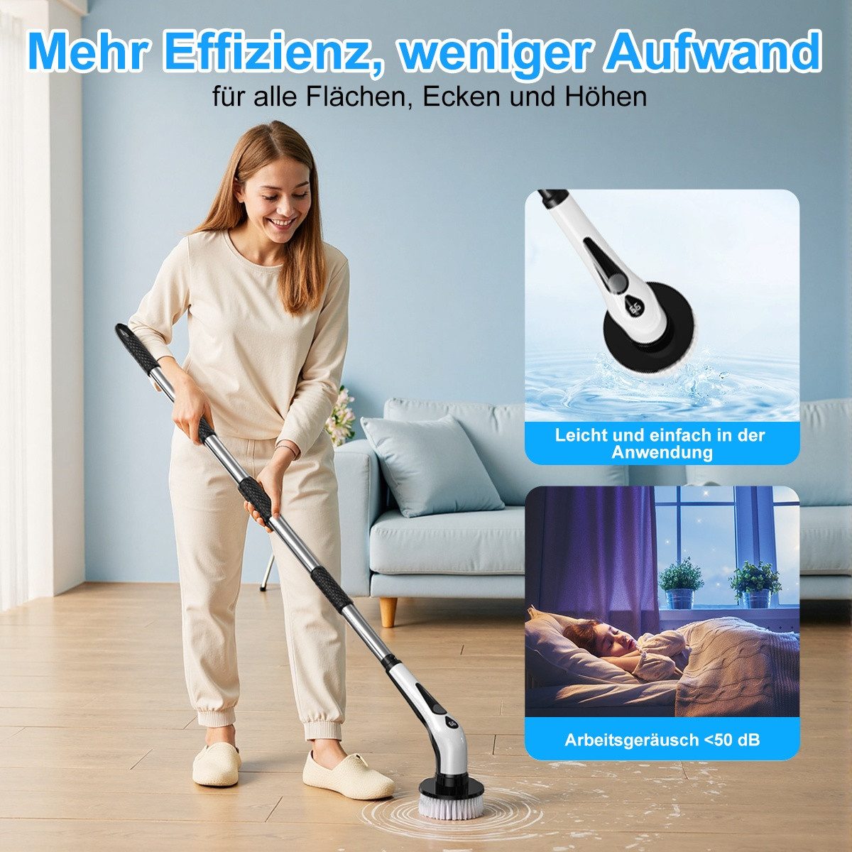 PRASKY Reinigungsbürsten-Set Elektrische Reinigungsbürste mit 9 austauschbaren Bürstenköpfen, Fliesen, Laminatböden, Fenster, Autos, (Mehrere abnehmbare Teile badebürste elektrisch, Teppichreiniger, Akku-Oberflächenbürste mit 9 Bürstenköpfen), 30-130 cm Verlängerungsrohr, LED-Batteriestandsanzeige