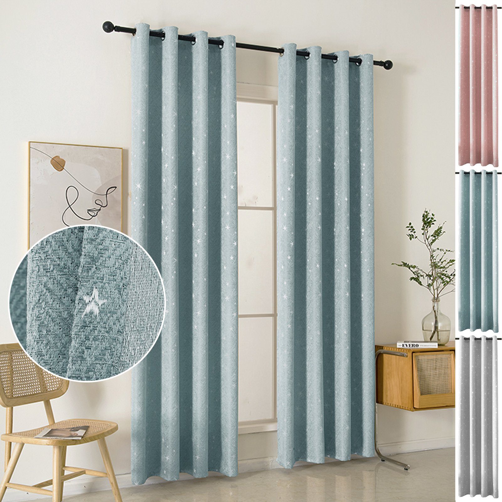 mit (1 Langstore, Gardine Ösen, Schlafzimmer Wohnzimmer Blau Stern Vorhang Stickerei Panels, Leinenvorhang, Lichtblockierend Sunicol, Küchengardinen St), 1/2 für