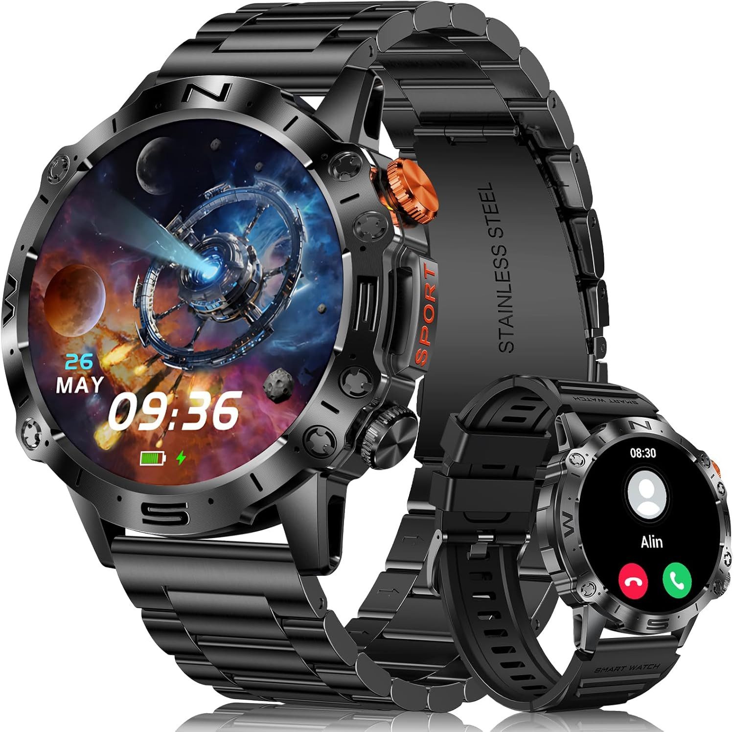 MEGALITH smartwatch men K59 Smartwatch (3,6 cm, android ios), Robuste Herren-Smartwatch mit AMOLED-Display und zwei Armbändern