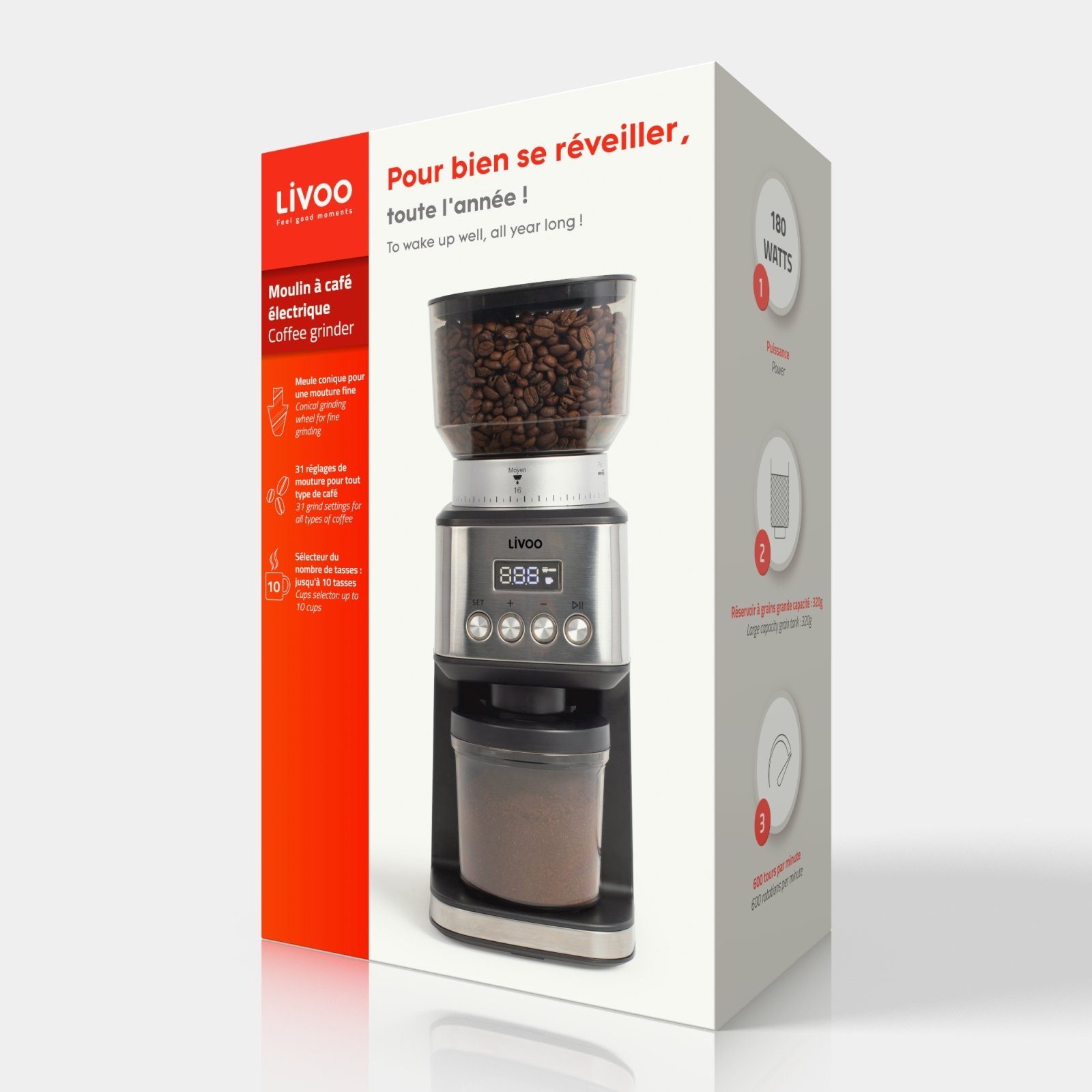 180 mit Kaffeemühle Kaffeemühle LIVOO 10 Tassen Kapazität LIVOO Mahlwerk elektrisch