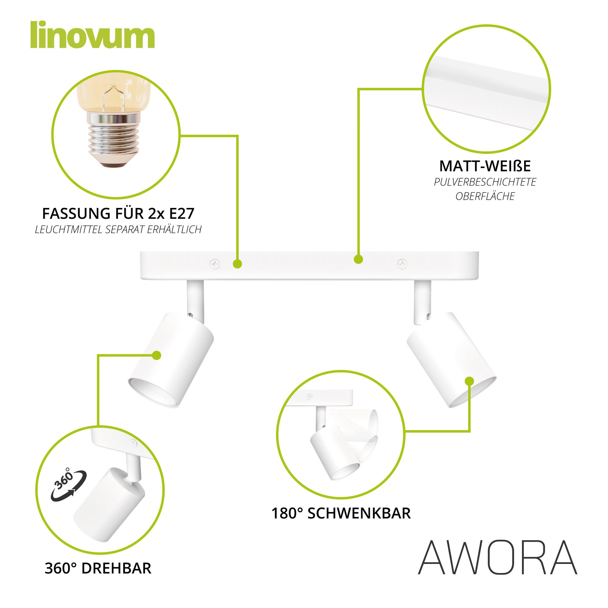 linovum LED Aufbaustrahler AWORA Deckenlampe 2 flammig weiss schwenkbar mit 2x E27 Fassung Spot