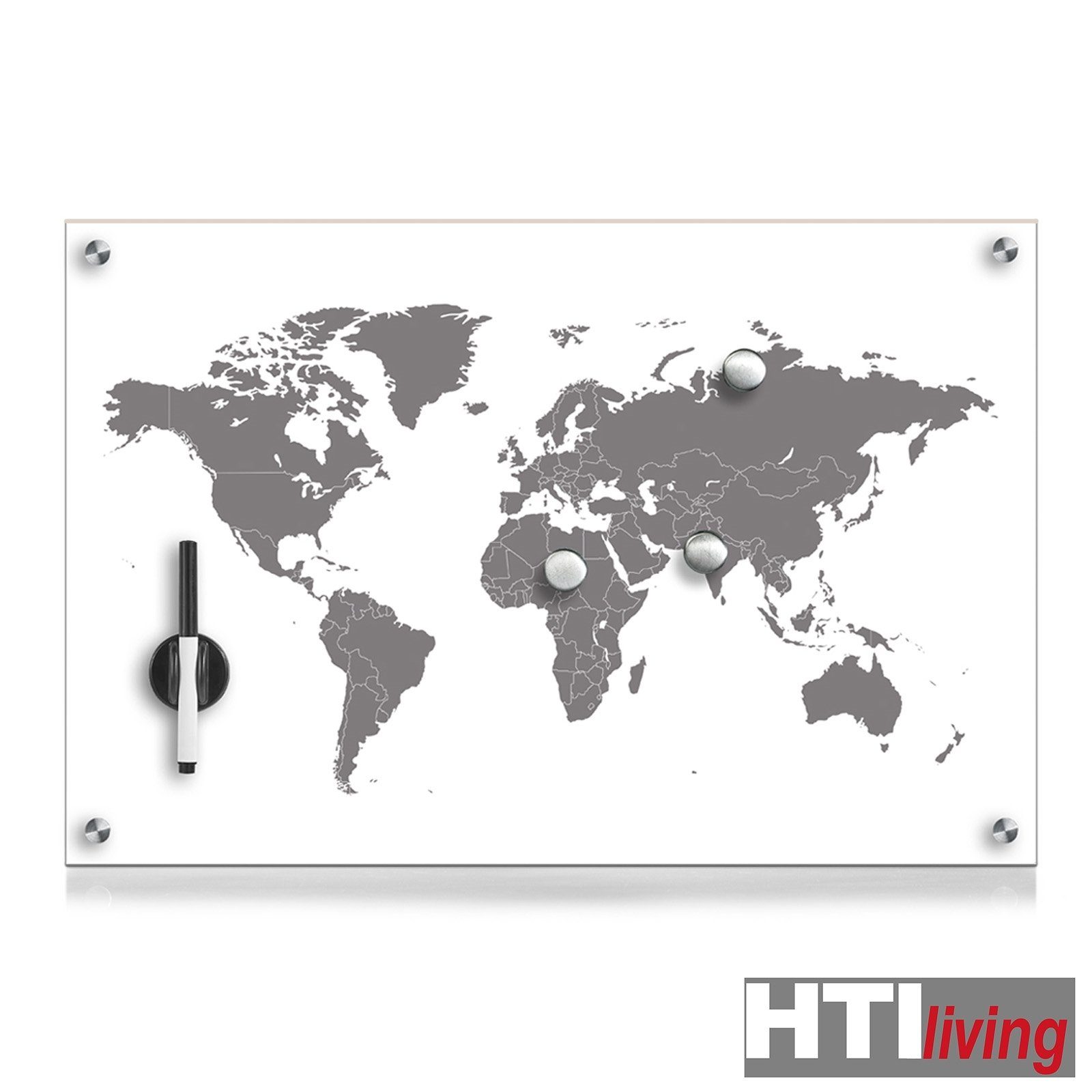 Magnettafel Worldmap, Schreibtafel Schreibboard HTI-Living Memoboard rechteckig Glas Memoboard Magnetboard