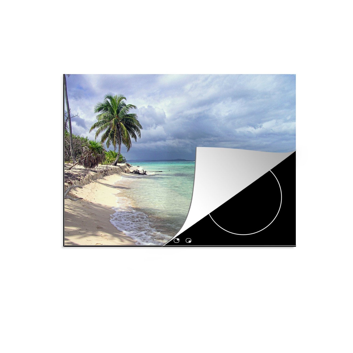 MuchoWow Herdblende-/Abdeckplatte Eine den 70x52 Mobile Bay nutzbar, cm, türkisgrünem Palme (1 Islands, Ceranfeldabdeckung tlg), Vinyl, auf Wasser mit kleine Arbeitsfläche