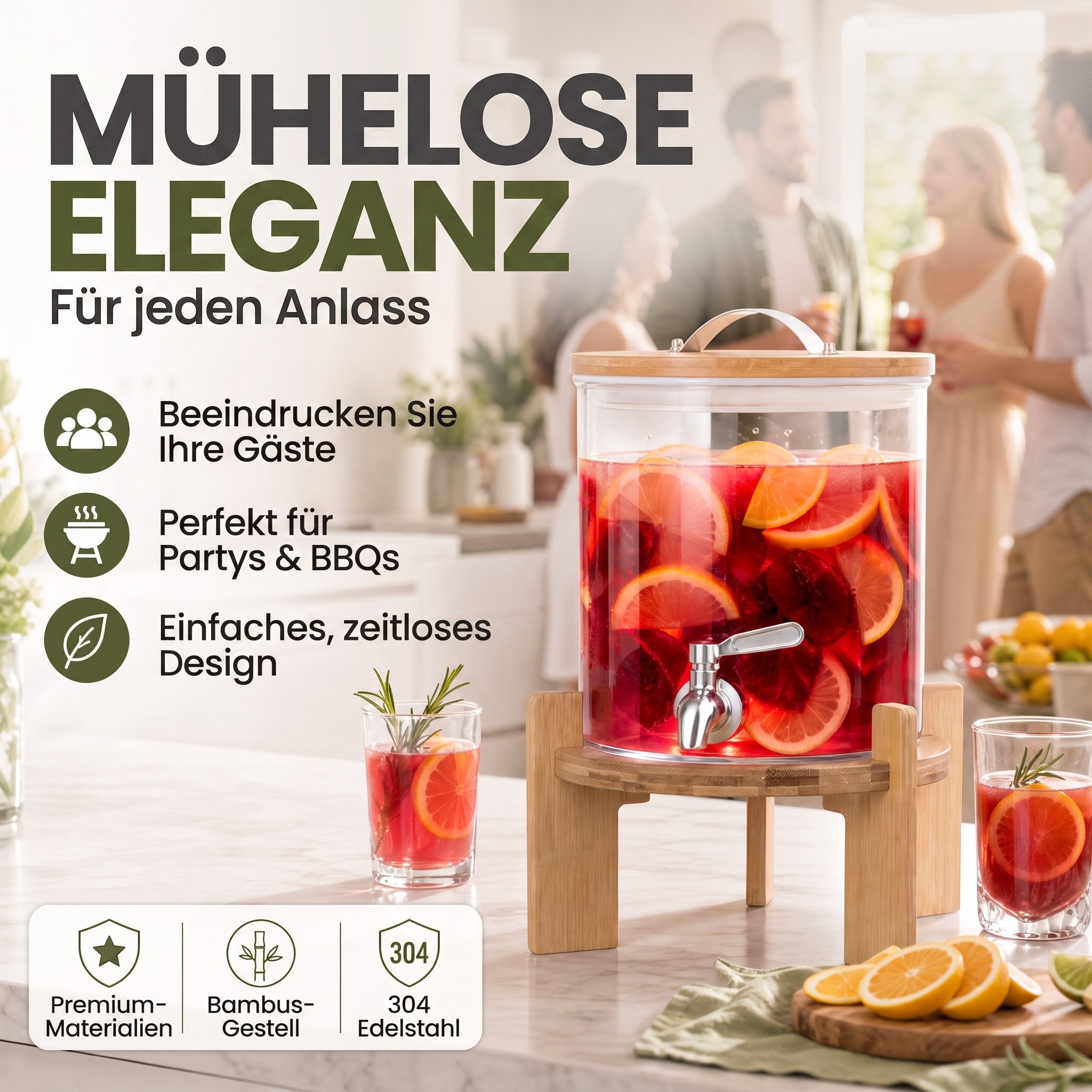 Dimono Getränkespender DIMONO getränkespender mit zapfhahn und Bambusständer 5L/8L, mit Bambusständer und Zapfhahn
