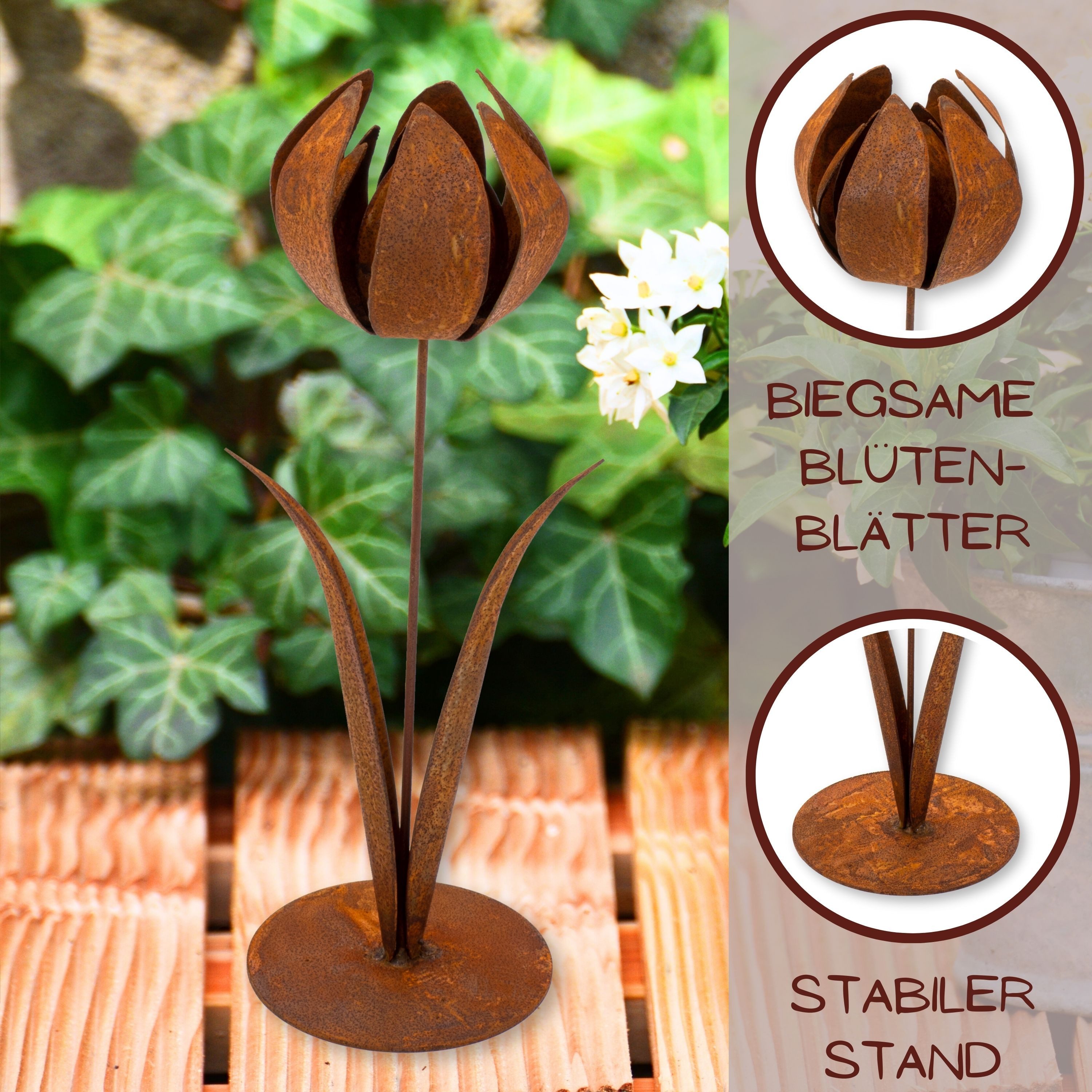 Rostikal Dekofigur Rost Deko Blumen Gartendeko, echter Rost
