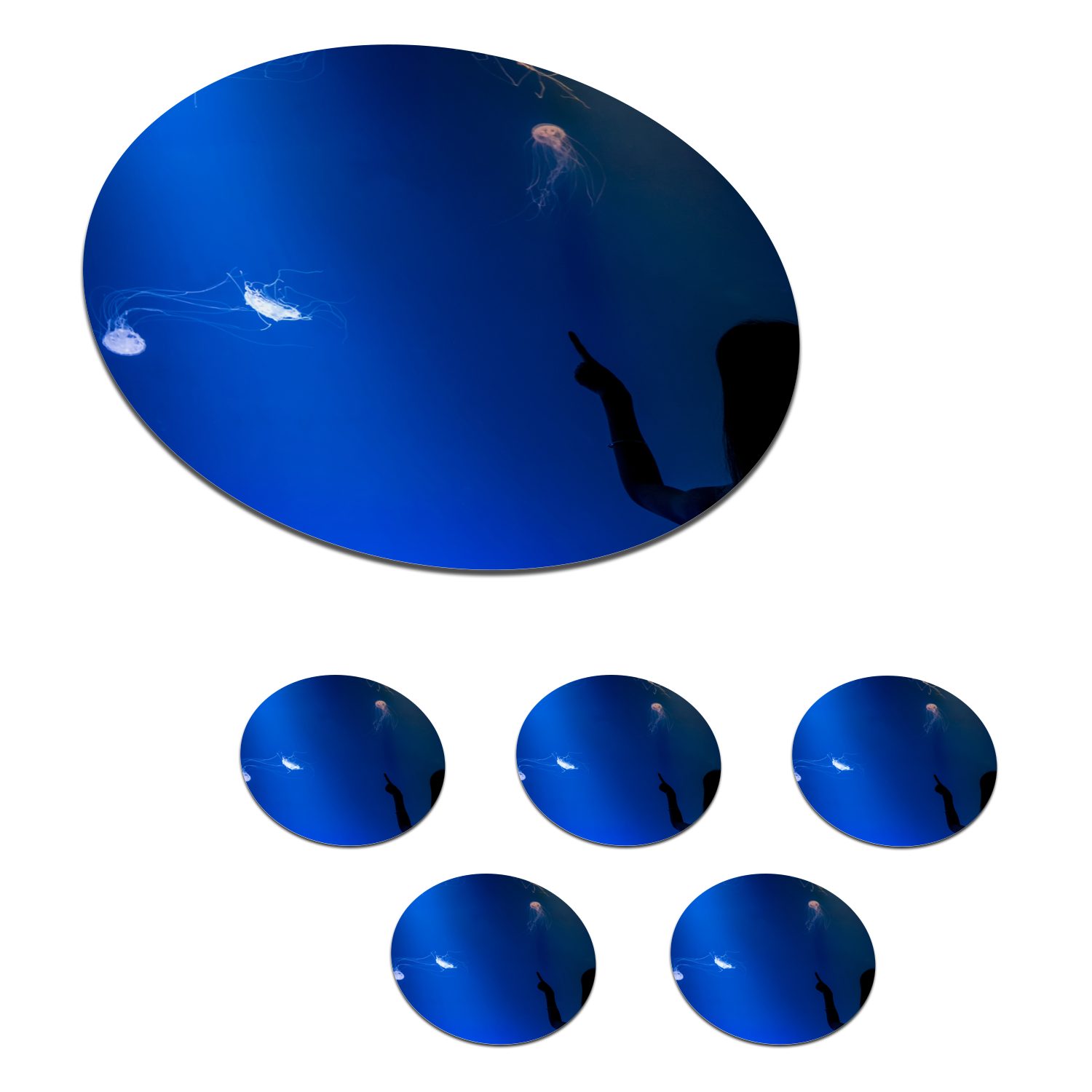 MuchoWow Glasuntersetzer Ein Mädchen betrachtet eine blaue Qualle, Zubehör für Gläser, 6-tlg., Getränkeuntersetzer, Tassenuntersetzer, Korkuntersetzer, Tasse, Becher
