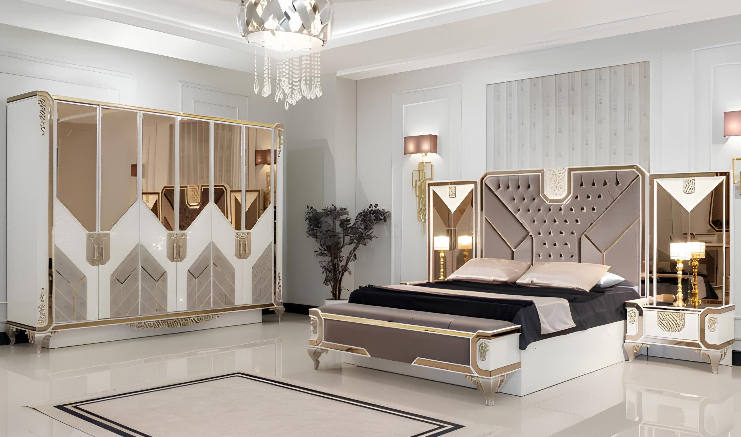 JVmoebel Schlafzimmer-Set Bett mit Nachttischen und Kleiderschrank aus hochwertigem Holz, (5-tlg., 5tlg Schlafzimmer Set (Bett + 2x Nachttische + Kleiderschrank), Made in Europa