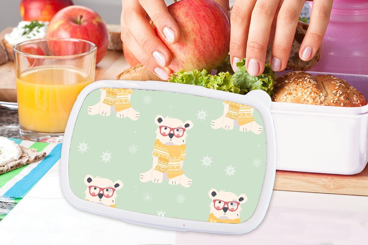 Lunchbox Erwachsene, Jungs Schnittmuster Kunststoff, für - - Brotdose, Eisbär Kinder für MuchoWow Mädchen Schal, (2-tlg), und weiß und Brotbox