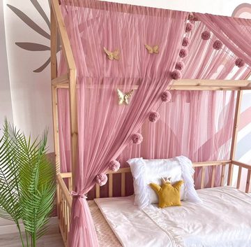 Baby Fancyroom Betthimmel Betthimmel Tüll Hausbett Kinderbett 2 Stück 340cm 380cm Montessori (3-tlg. Set mit 2x Betthimmel und einer 20er Pomponkette, Baldachin, Kinder Betthimmel Baldachin Himmel Deko Set), Betthimmel für Hausbett Montessori