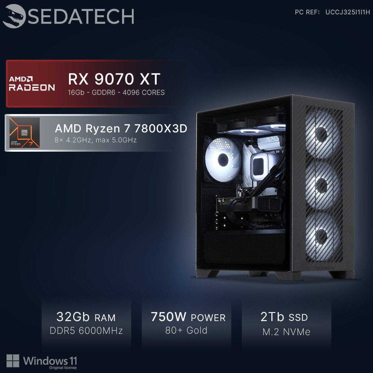Sedatech UCCJ325I1I1HF - Watercooling Gaming-PC (AMD Ryzen 7 7800X3D 8x 4.2GHz (max 5.0GHz), Radeon RX 9070 XT 16GB, 32 GB RAM, 2000 GB SSD, Watercooling, Wlan 6E)