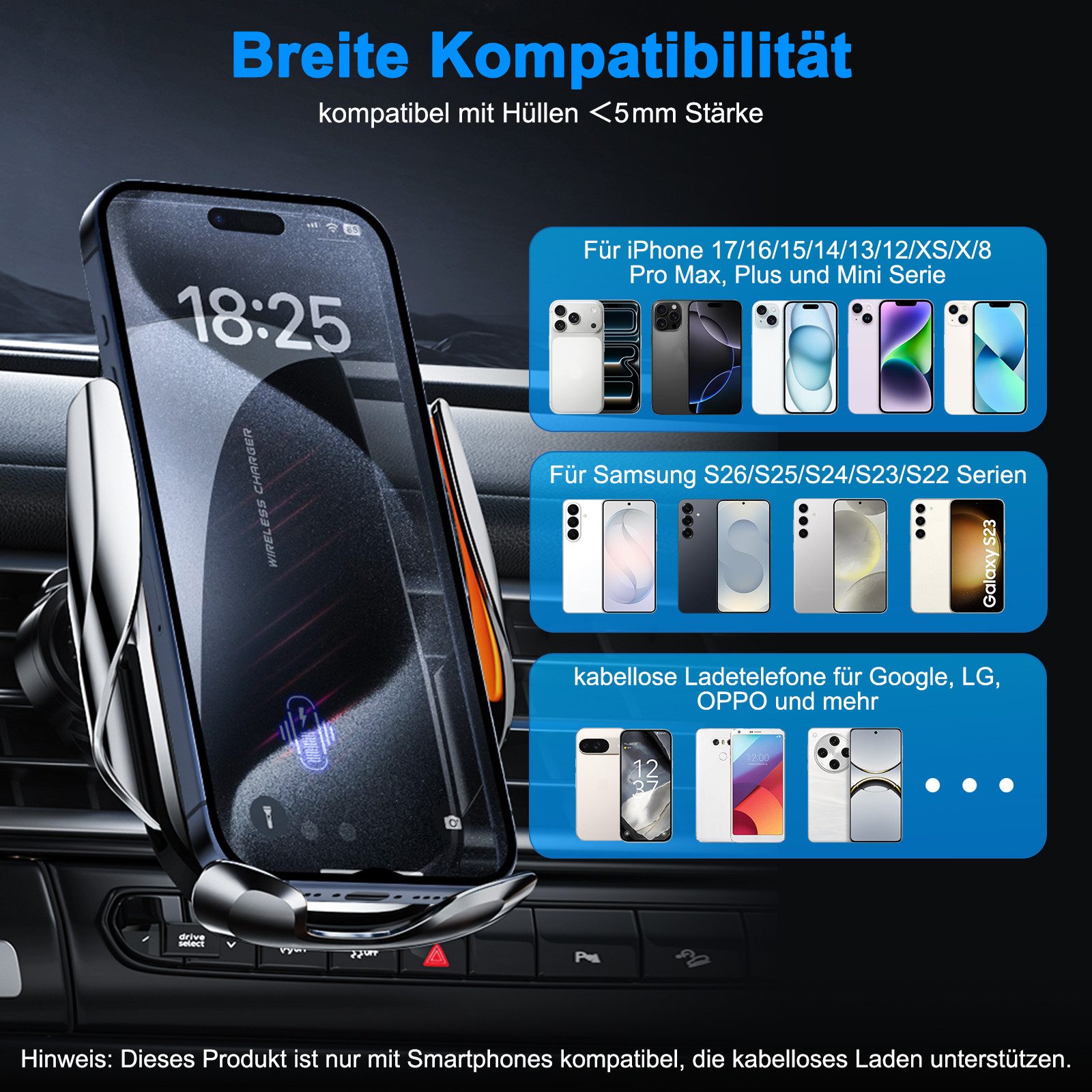 neue dawn Handy-Halterung Kabelloses Ladegerät Induktives Auto Handyhalterung für iPhone Samsung, (für iPhone Duo 18 17 16 15 Pro Max,Samsung Galaxy S26 S25 S24 – Bild 4 von 5