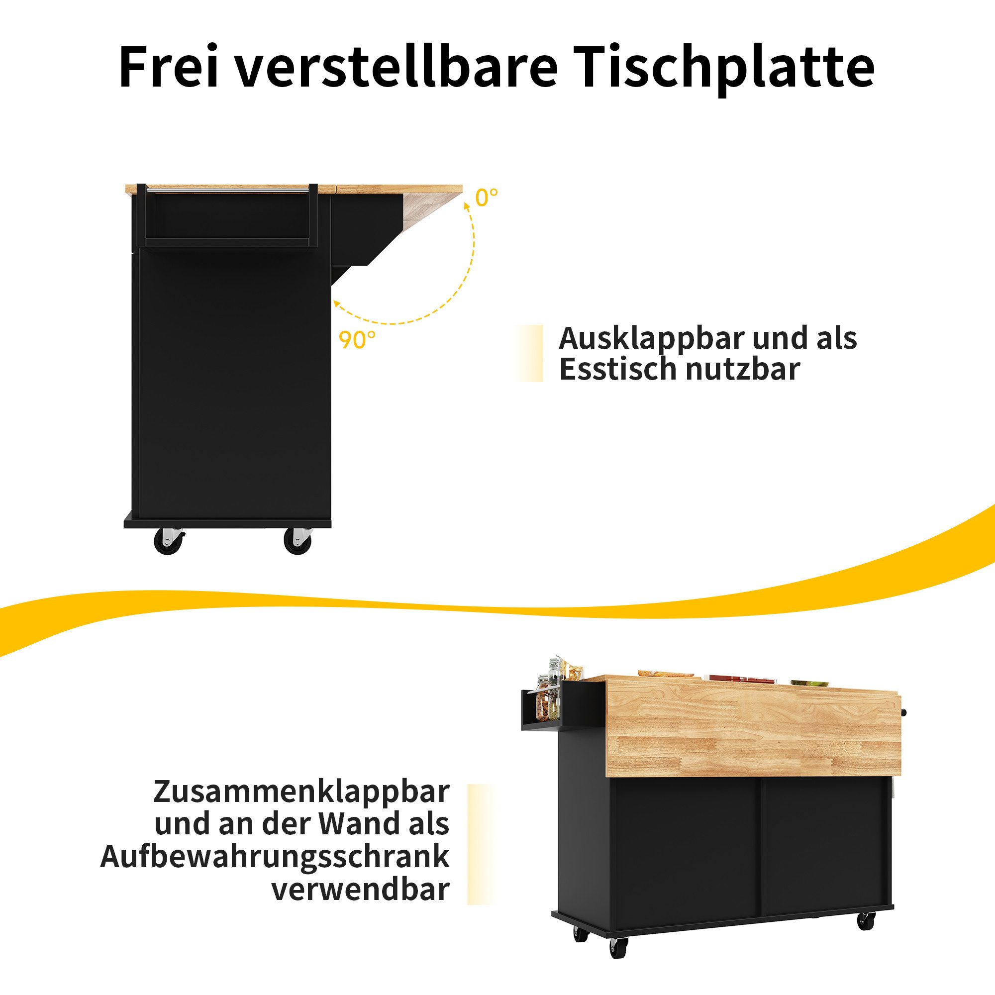 Merax Küchenwagen mit erweiterbarer Arbeitsplatte, (Küchenschrank mit Holzmaserung, 1 St., Buffetschrank, Küchenschrank, 106×50×90.5cm), Kücheninsel, Servierwagen, Küchenschrank mit 2 Schubladen und 4 Türen