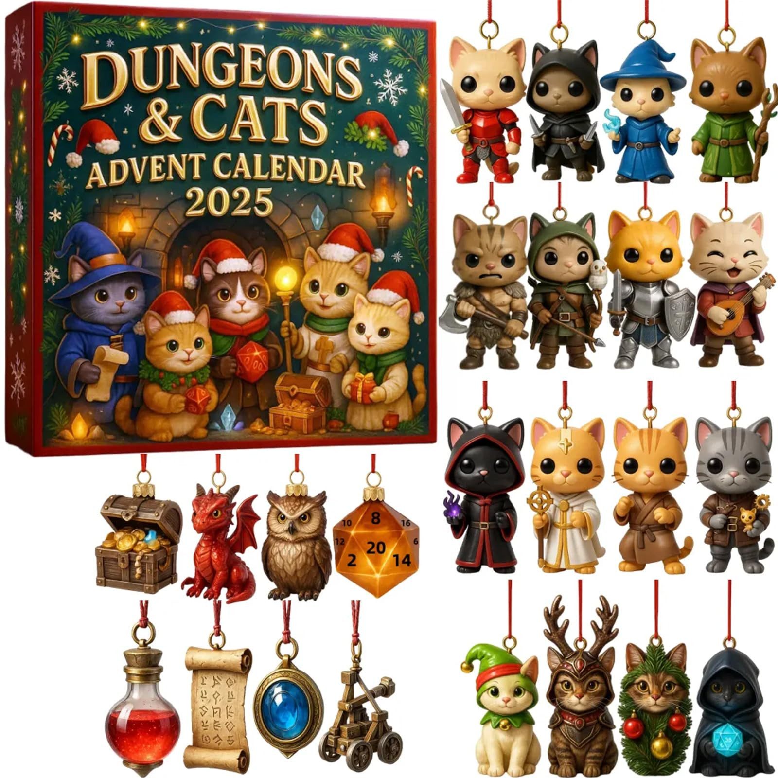 CLTYQ Adventskalender Katzen-Adventskalender 2025 für Katzenliebhaber,Acryl-Katzenkalender, Weihnachts-Countdown-Kalender mit 24 Tagen,flacher Anhänger