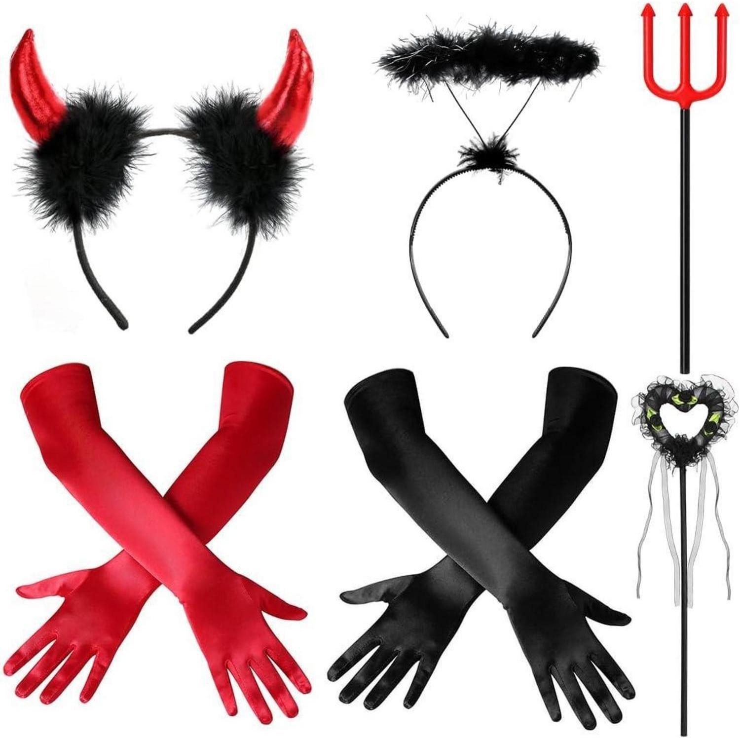 Teufel-Kostüm Handschuhe lange Damen 6er Set Teufel Kostüm Haarreif Rot Schwarz