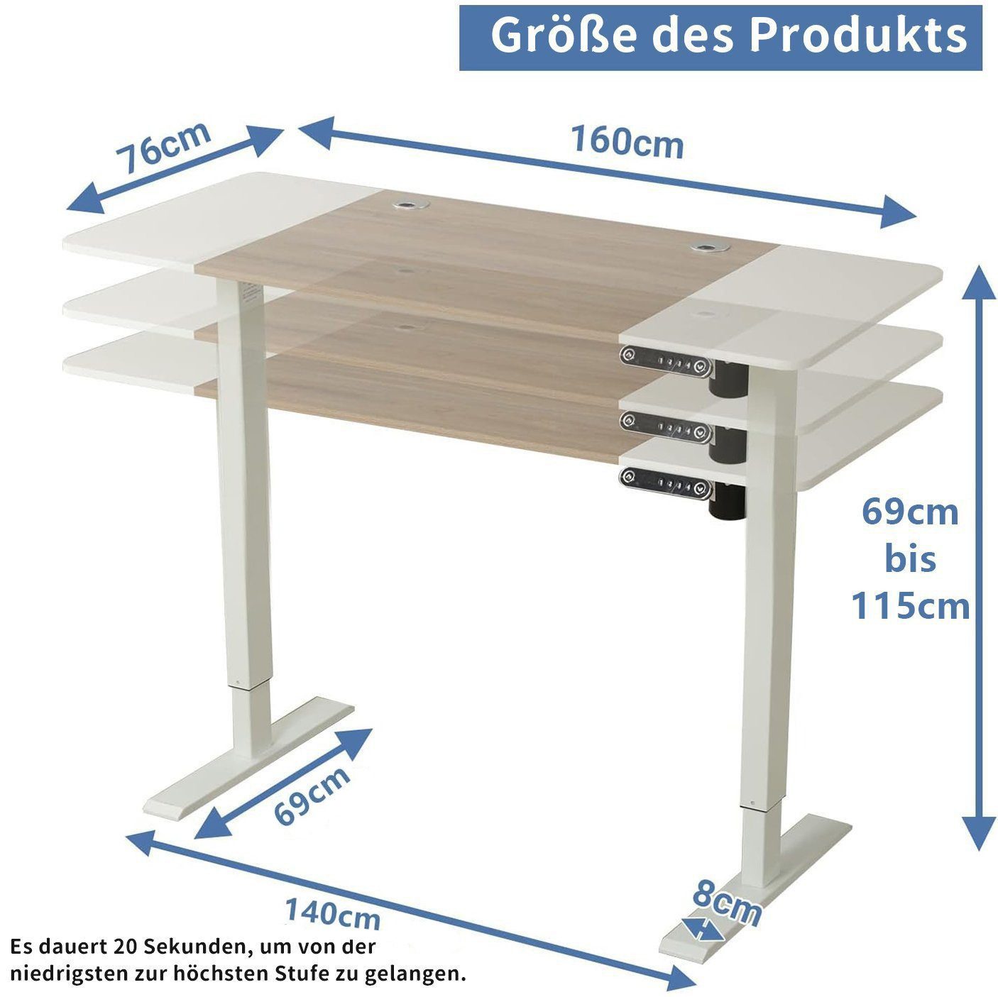 IvyIvy Gamingtisch elektrisch höhenverstellbarer Schreibtisch Bürotisch Computertisch, 160x76 cm (B xT)
