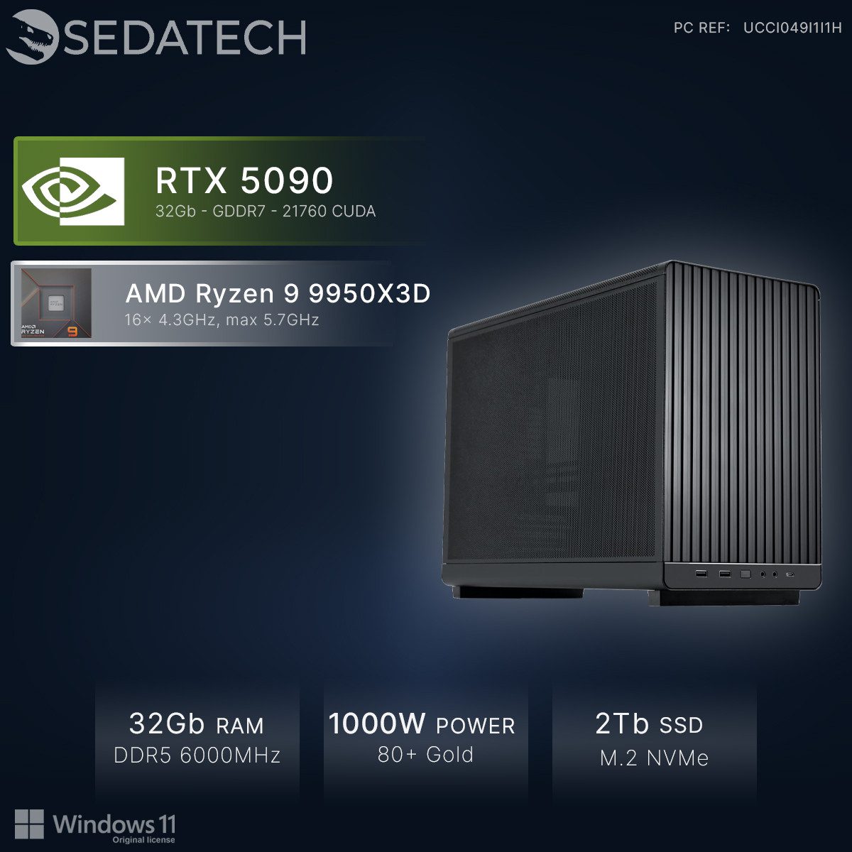 Sedatech UCCI049I1I1HF - Gaming Gaming-PC (AMD Ryzen 9 9950X3D 16x 4.3GHz (max 5.7GHz), Geforce RTX5090 32GB, 32 GB RAM, 2000 GB SSD, Wlan 6E)