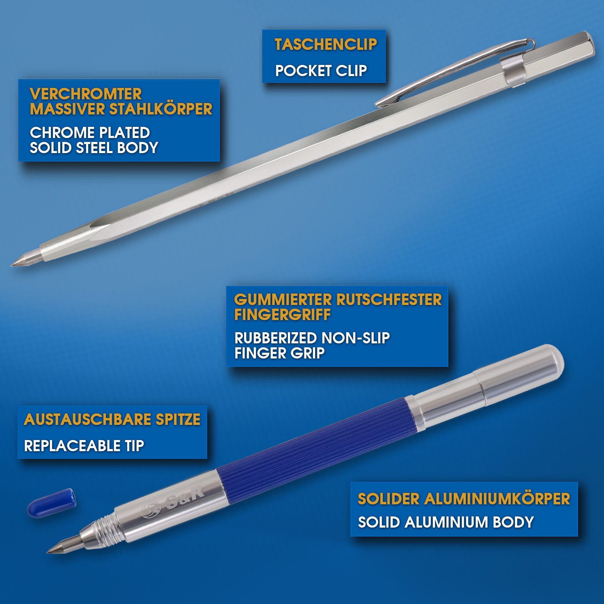 S&R Reißnadel Anreißnadeln, Anreißwerkzeug mit Wolframkarbid Hartmetall-Spitze, (Set 2-St. mit 2 Anreißnadeln), zum Markieren, Gravieren von Metall, Edelstahl, Holz, Keramik, Glas